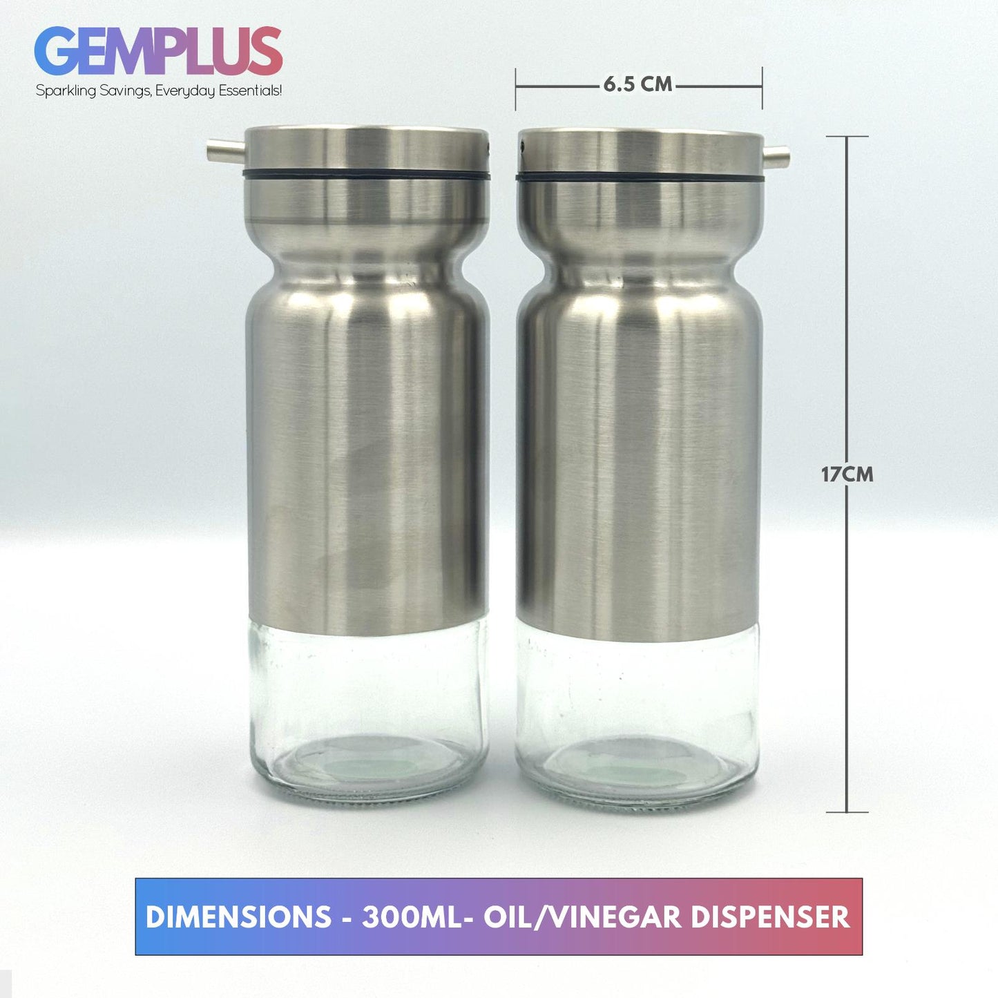 GEM+ | Premium Stainless Steel Oil Vinegar Salt Pepper Dispenser 4pcs + Stand