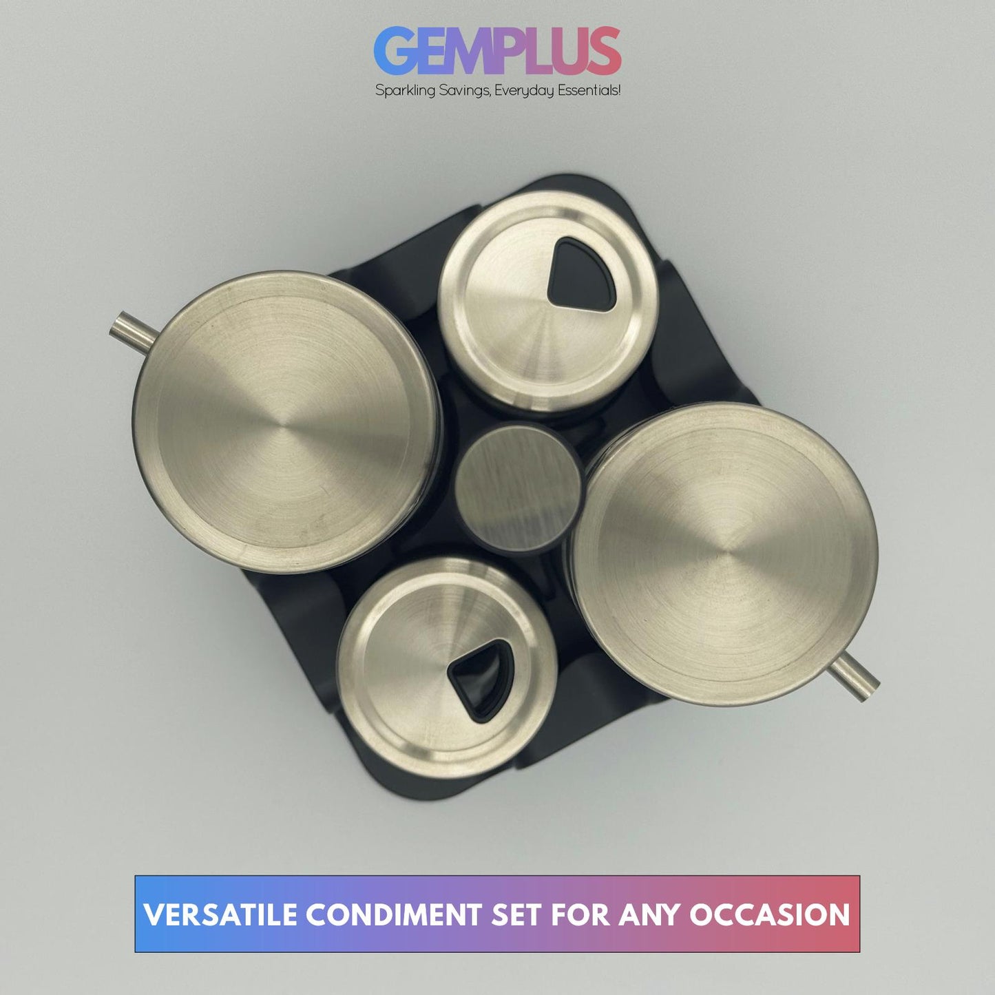 GEM+ | Premium Stainless Steel Oil Vinegar Salt Pepper Dispenser 4pcs + Stand