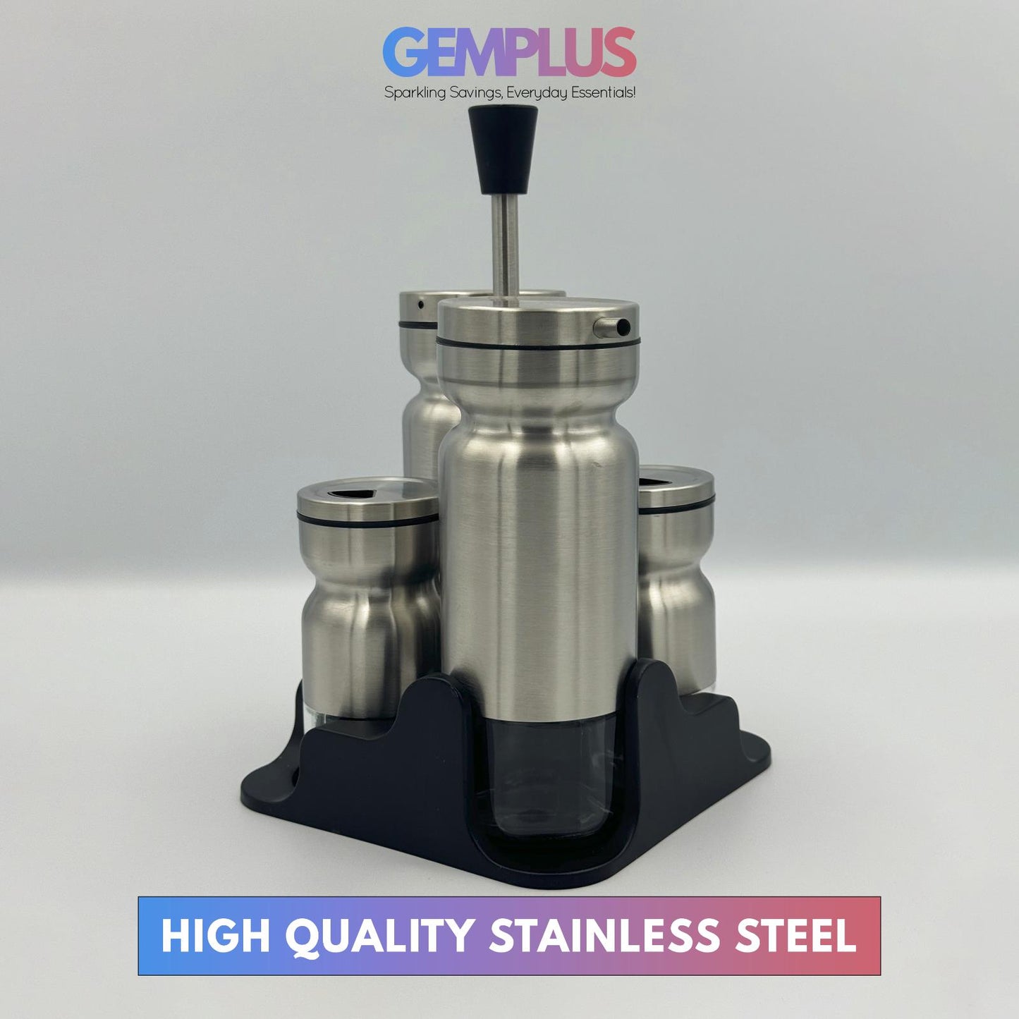 GEM+ | Premium Stainless Steel Oil Vinegar Salt Pepper Dispenser 4pcs + Stand
