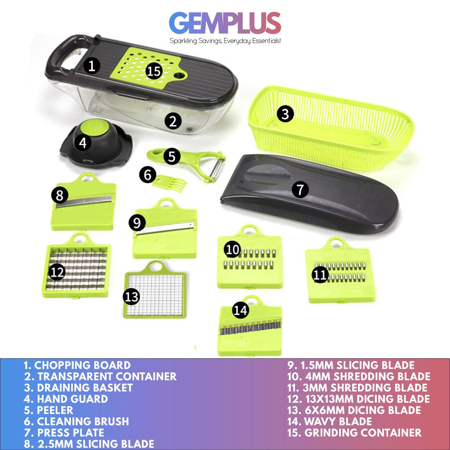 GEM+ | 15 PCS Premium Multifunctional Vegetable Cutter Slicer Dicer Grate
