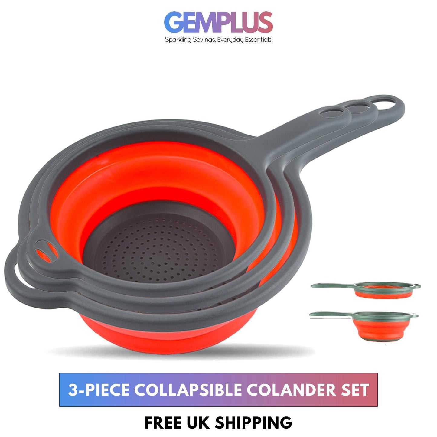 GEM+ | 3-Piece Collapsible Colander Set with Handle & Hanging Loop – BPA FREE