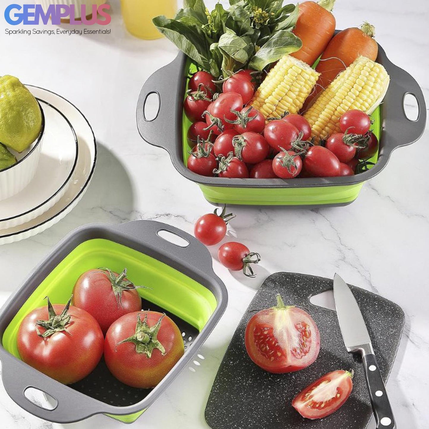 GEM+ | 3-Piece Square Collapsible Colander Set – Space-Saving BPA-Free