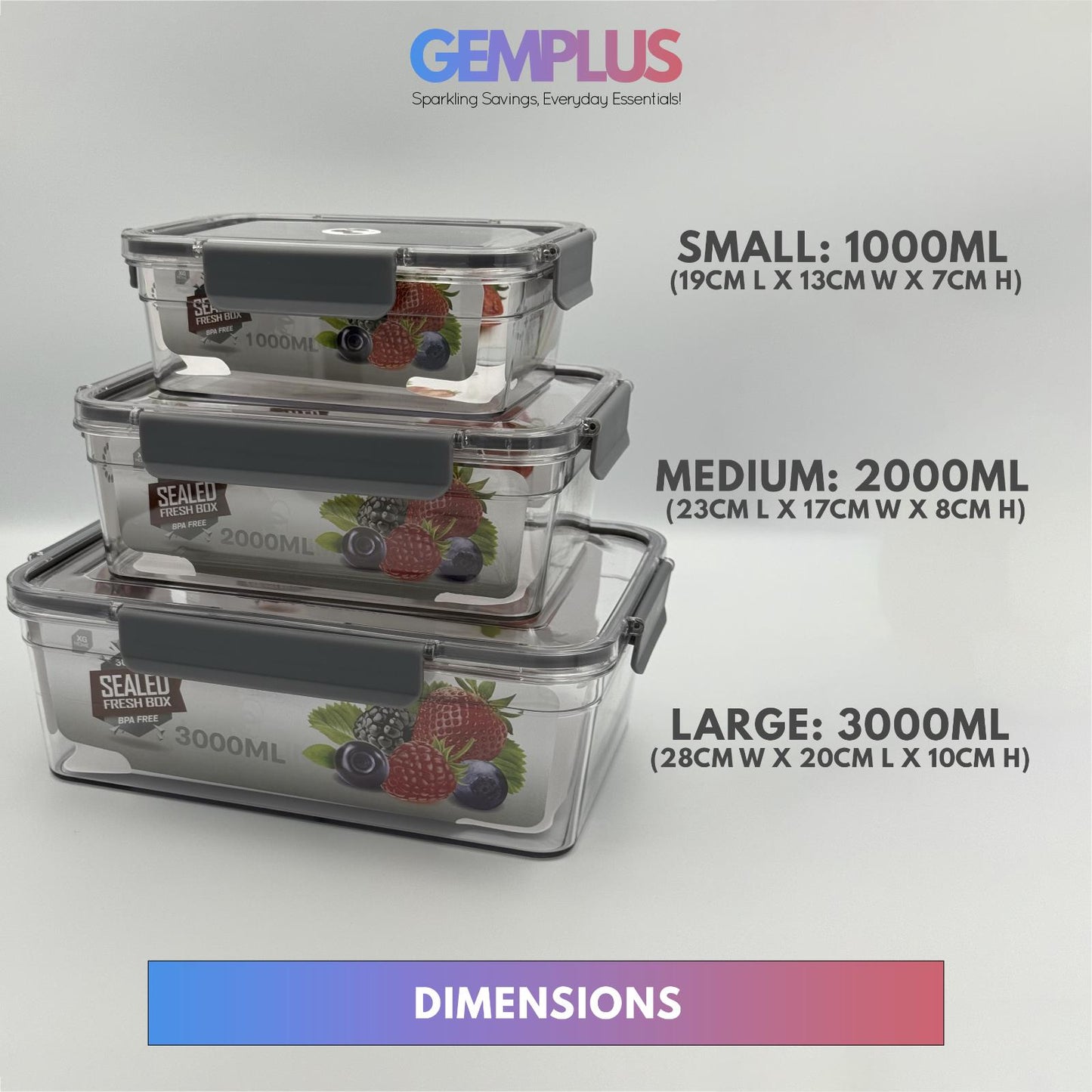 GEM+ | 3-Piece Rectangle Food Container Storage Set – BPA-Free Lock & Seal