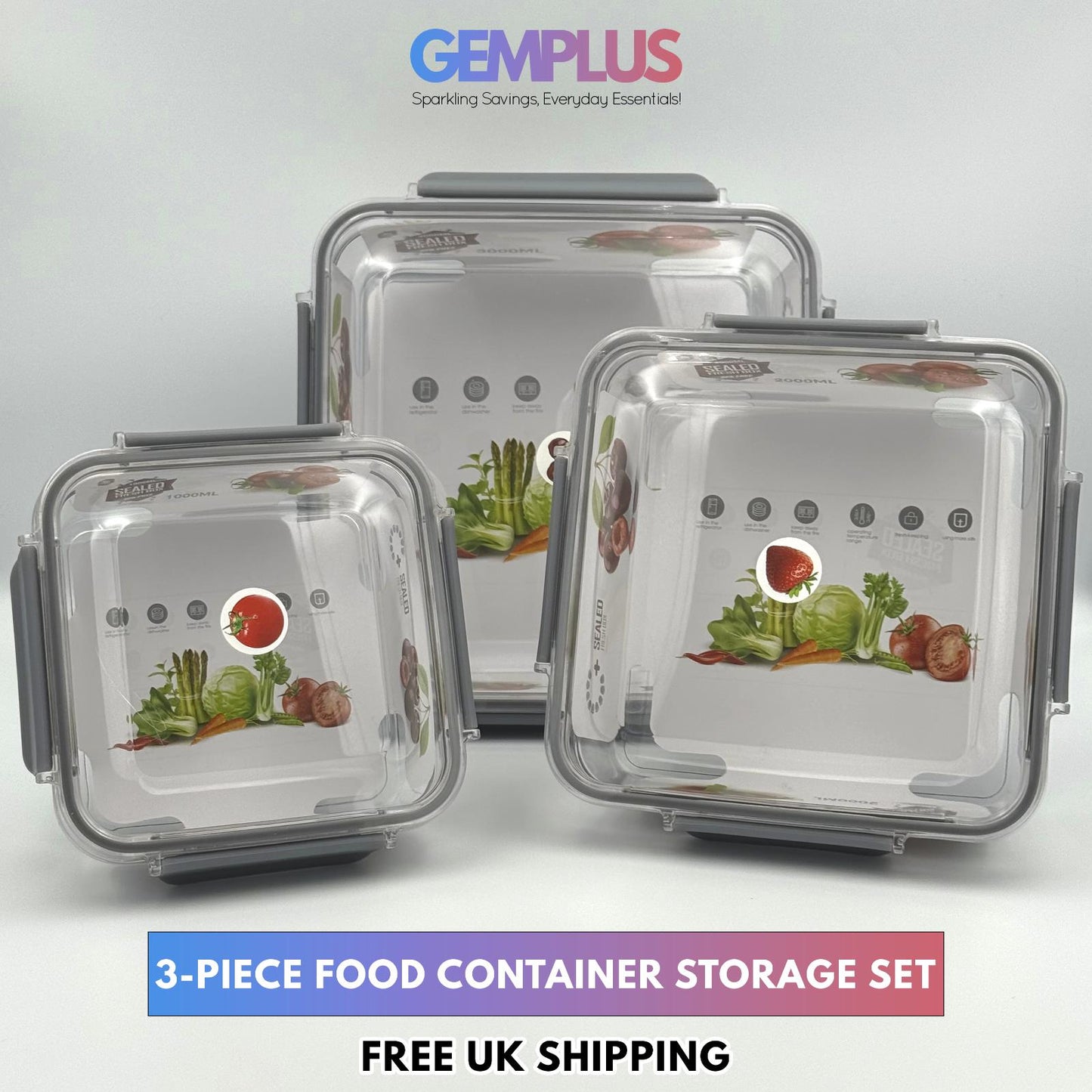 GEM+ | 3-Piece Square Food Container Storage Set – BPA-Free, Durable Lock & Seal