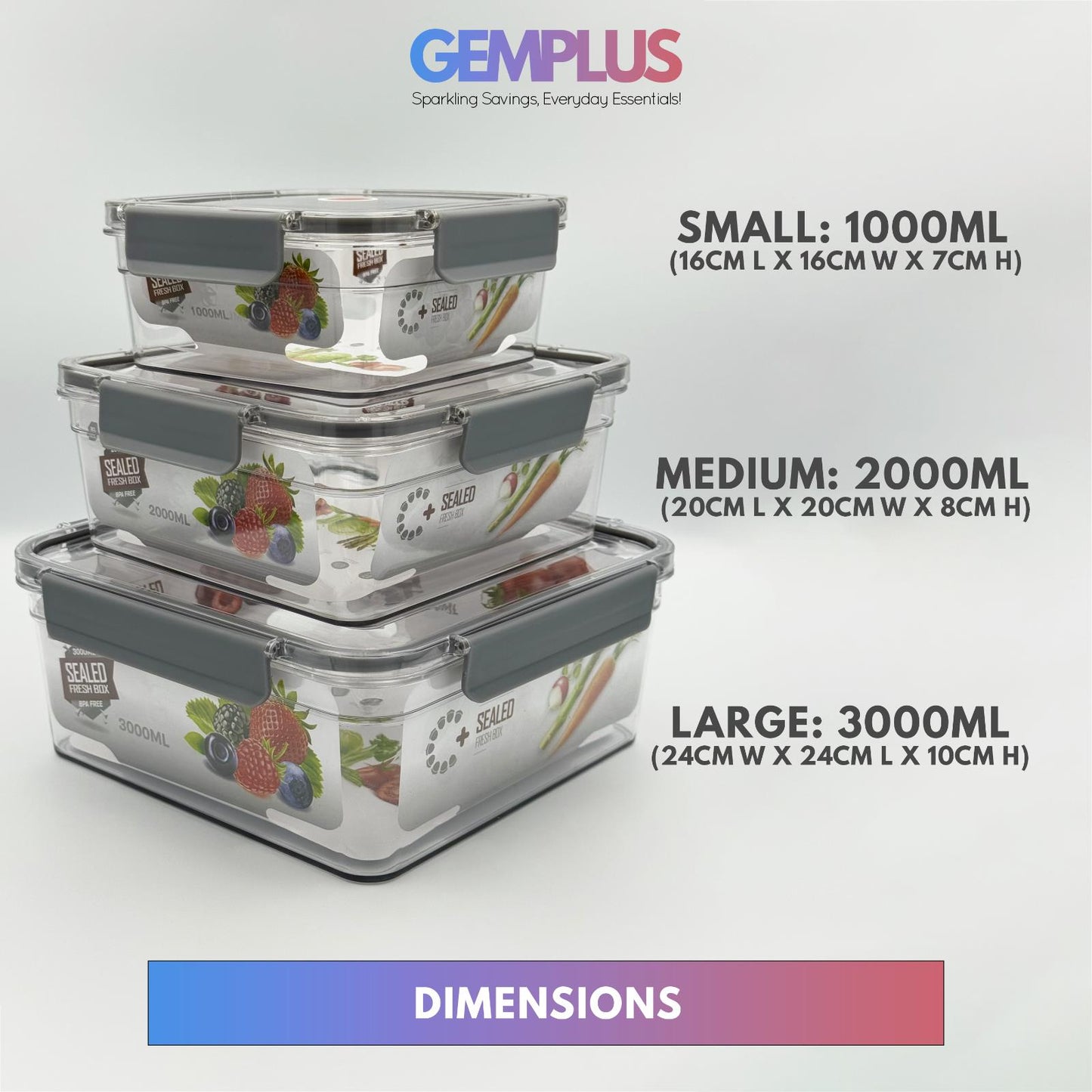 GEM+ | 3-Piece Square Food Container Storage Set – BPA-Free, Durable Lock & Seal