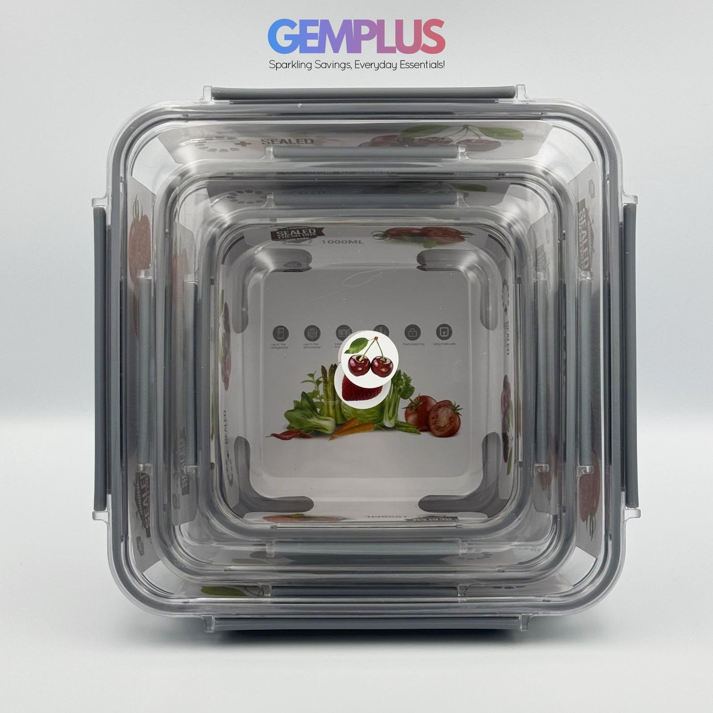 GEM+ | 3-Piece Square Food Container Storage Set – BPA-Free, Durable Lock & Seal
