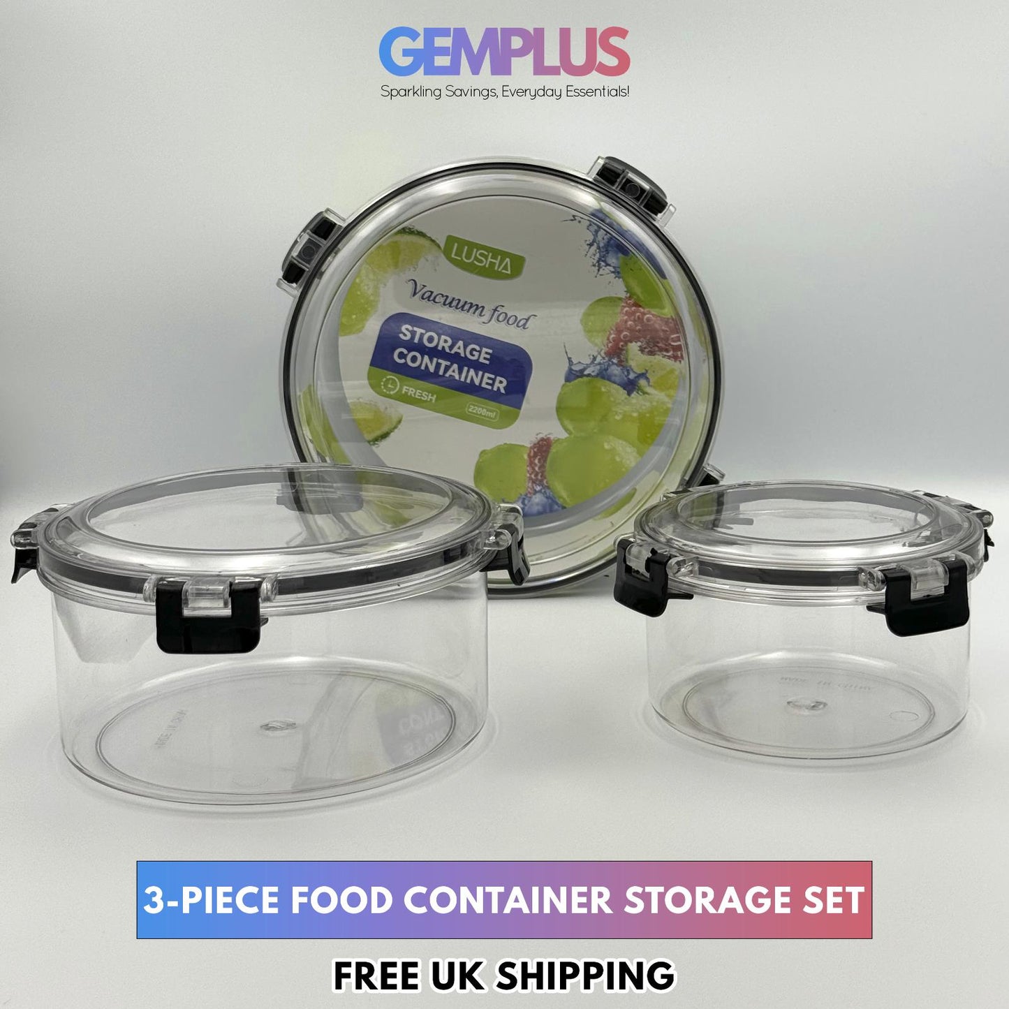 GEM+ | 3-Piece Food Container Storage Set – Durable, BPA-Free, Lock & Seal