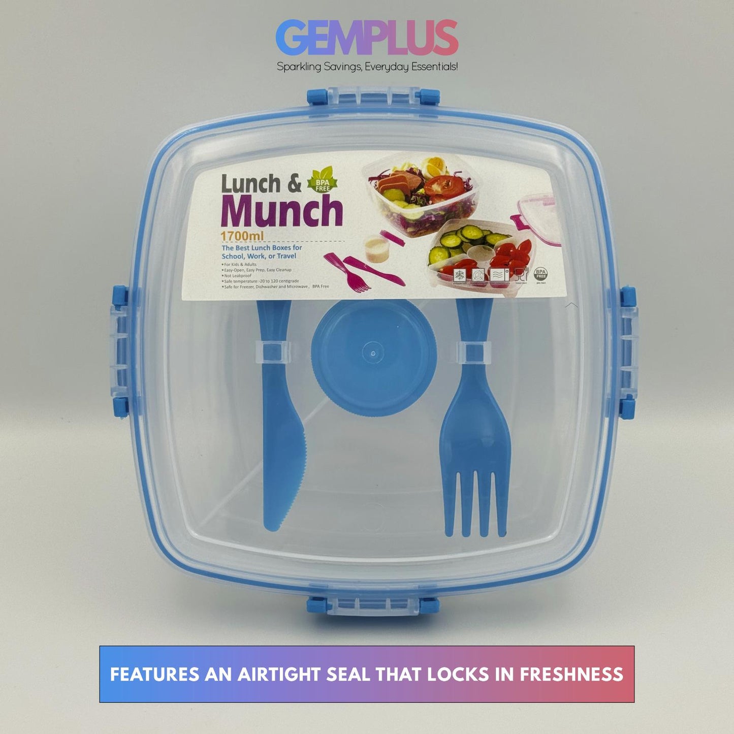 GEM+ | 3-Compartment 1700ML Lunch Box Set Sauce Bottle Fork & Knife – BPA FREE