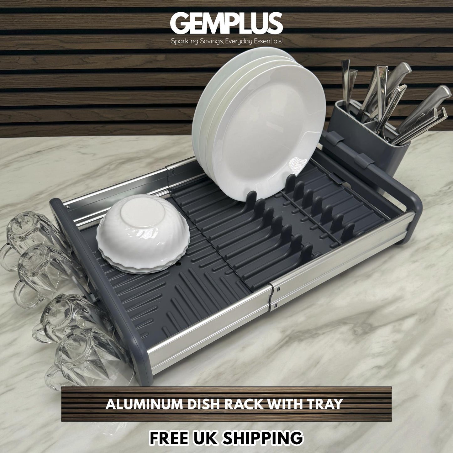 GEM+ | Expanding Dish Drying Rack with 3 Utensil Compartments Expandable Drainer
