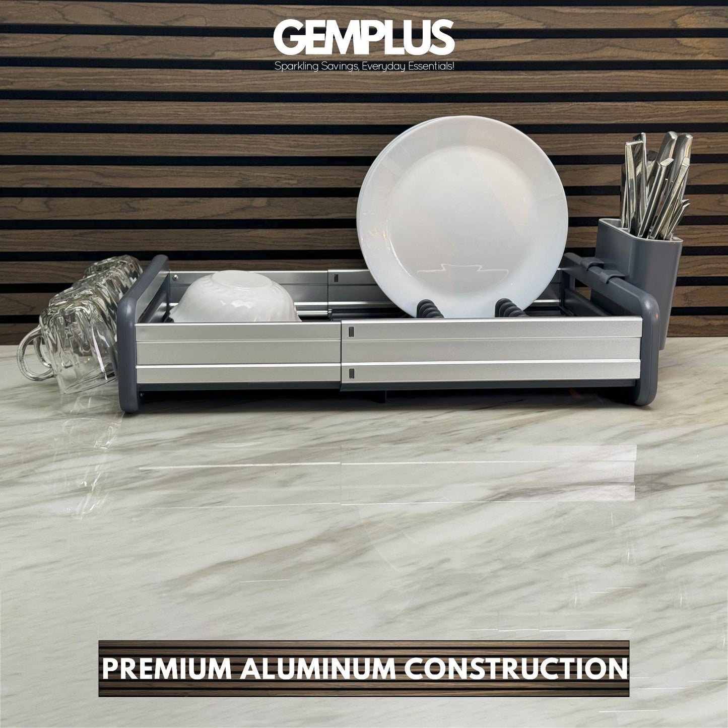 GEM+ | Expanding Dish Drying Rack with 3 Utensil Compartments Expandable Drainer