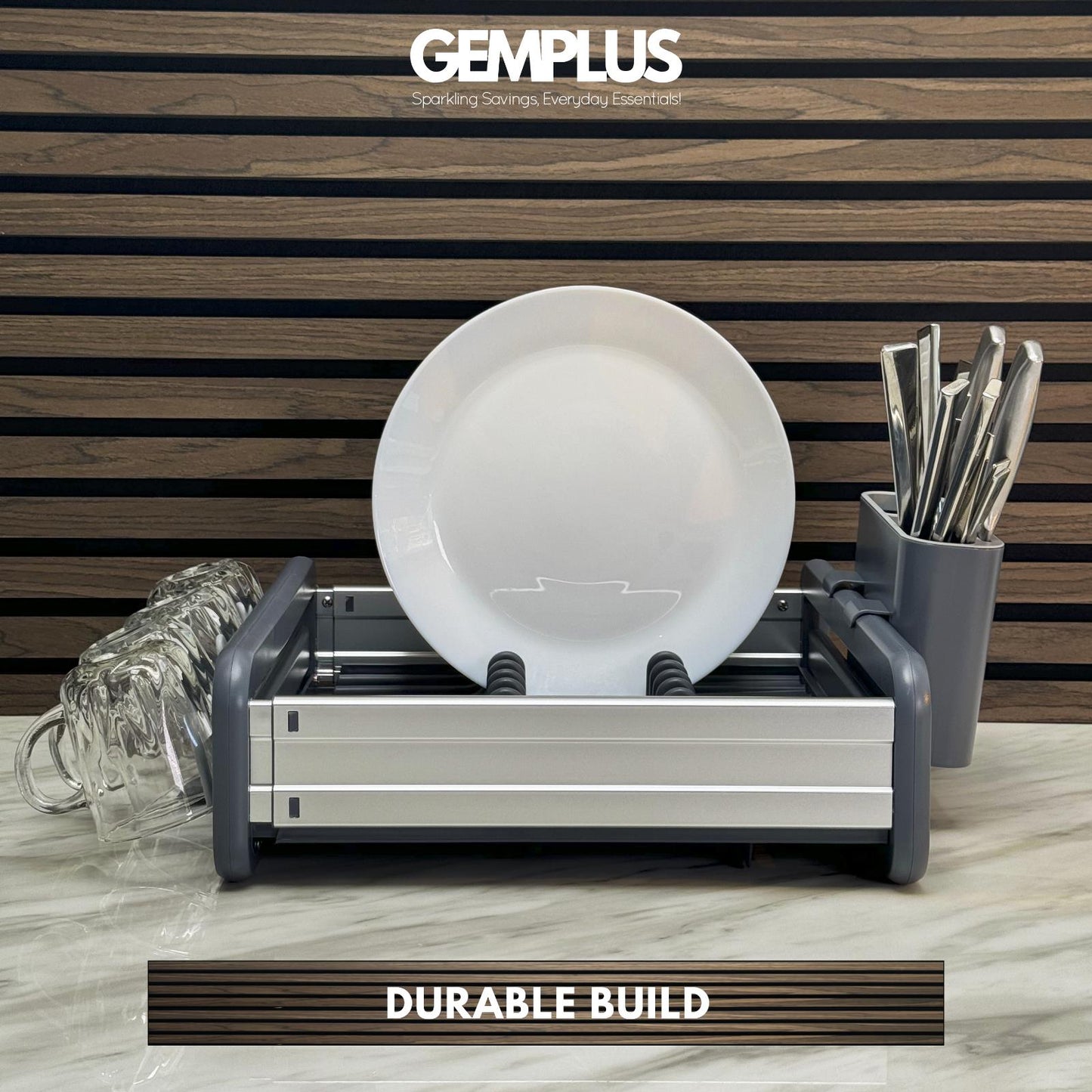 GEM+ | Expanding Dish Drying Rack with 3 Utensil Compartments Expandable Drainer