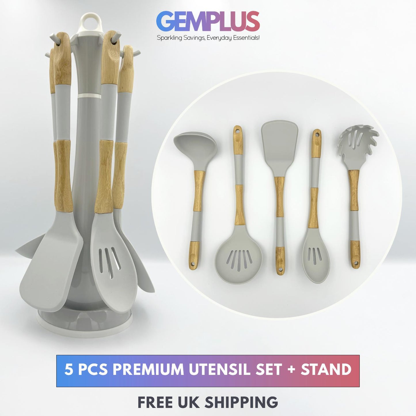 GEM+ | Premium 5 Pcs Wooden Silicone Utensil Set - Heat Resistant - Wood Grey