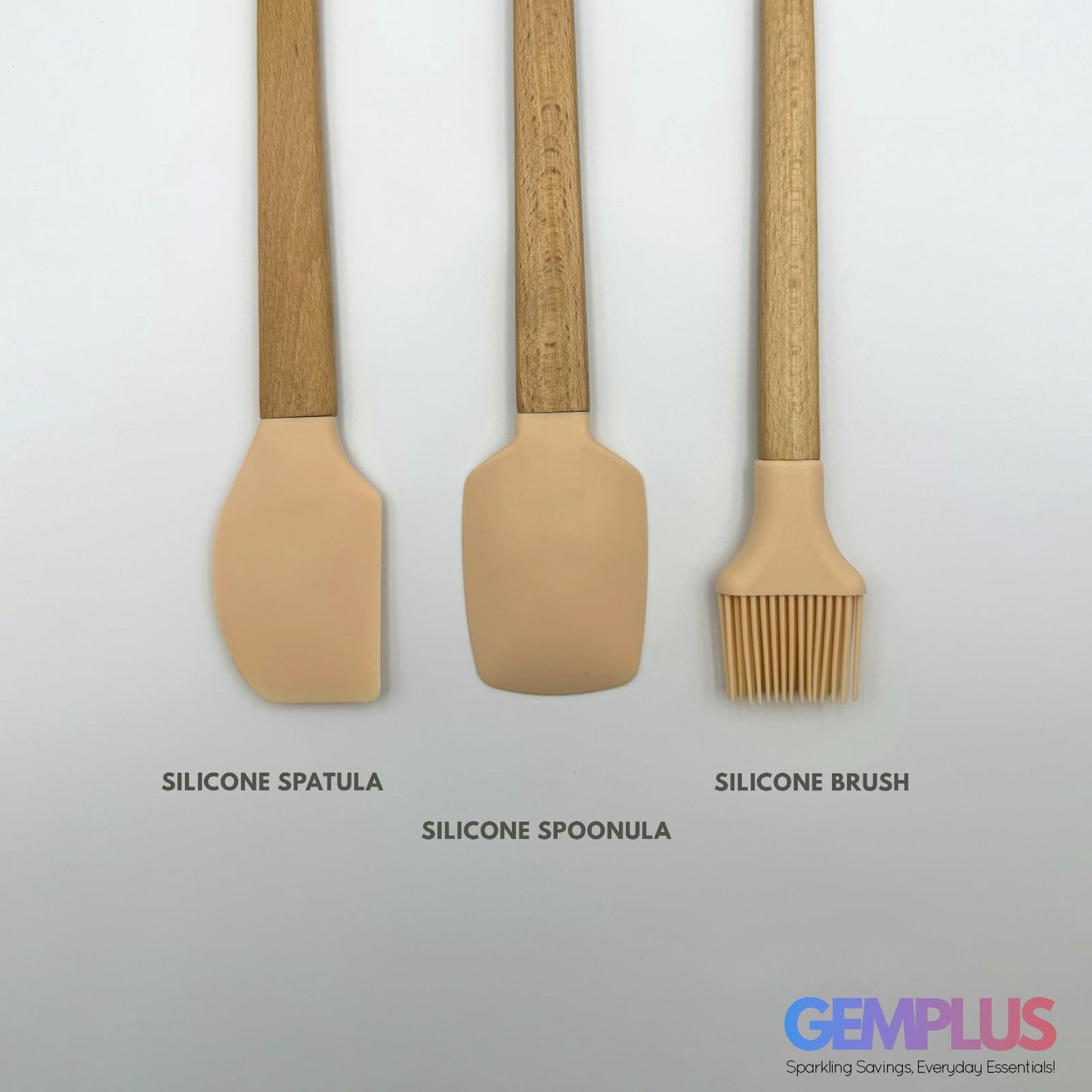 GEM+ | Premium Wooden/Silicone Utensil Set - 3 Piece Spatula Spoonula and Brush