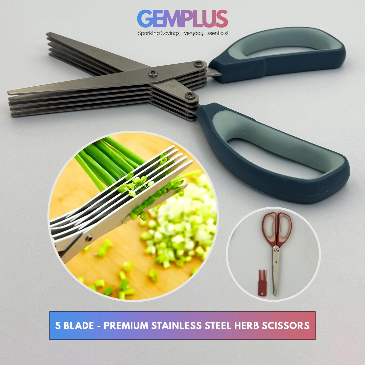 GEM+ | Premium Stainless Steel Herb Scissors - 5 Blades Multipurpose with Brush