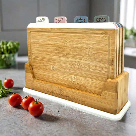 GEM+ | 4 PCS Premium Natural Bamboo Color Coded Chopping Board Set Veggies Meat