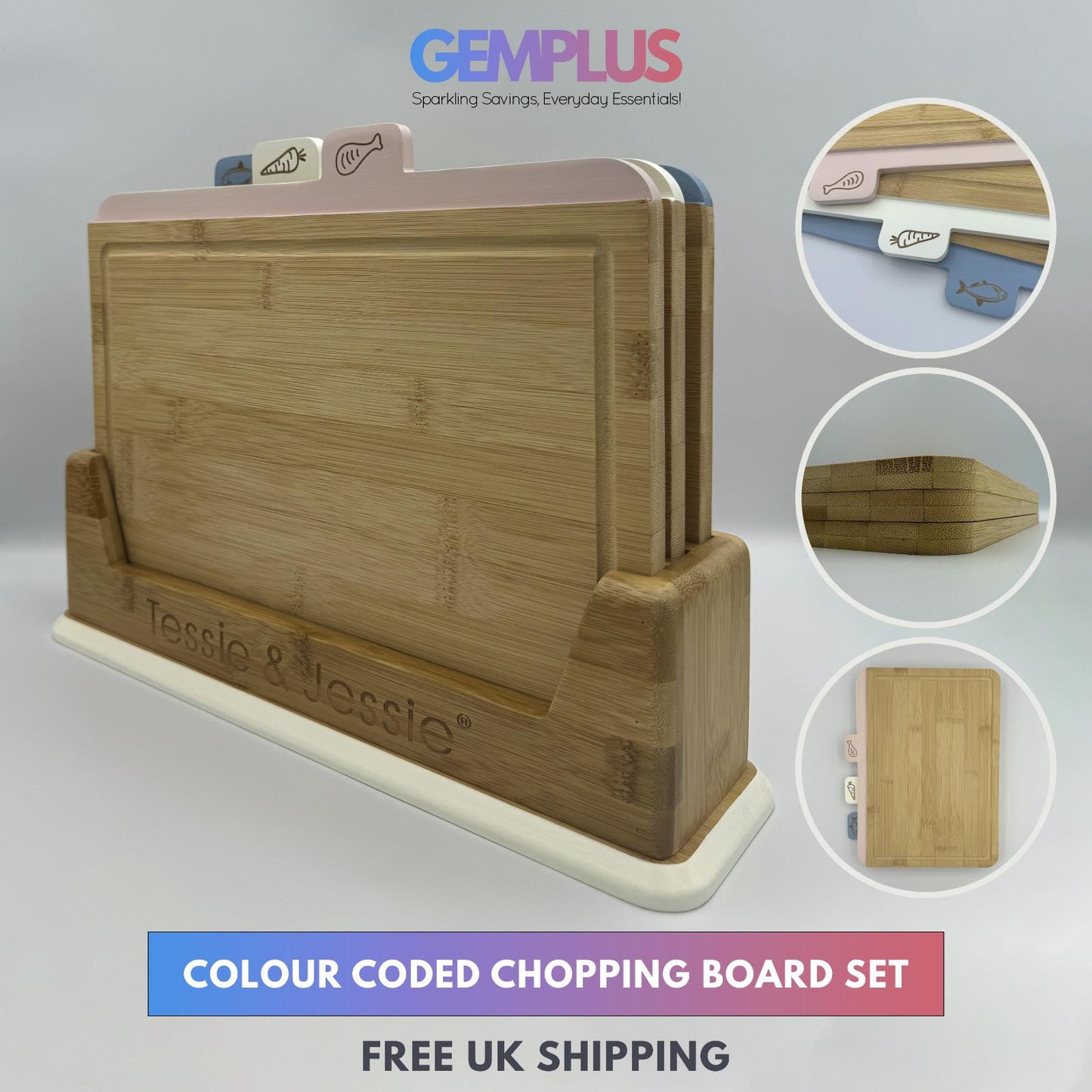 GEM+ | 3 PCS Premium Natural Bamboo Color Coded Chopping Board Set Veggies Meat