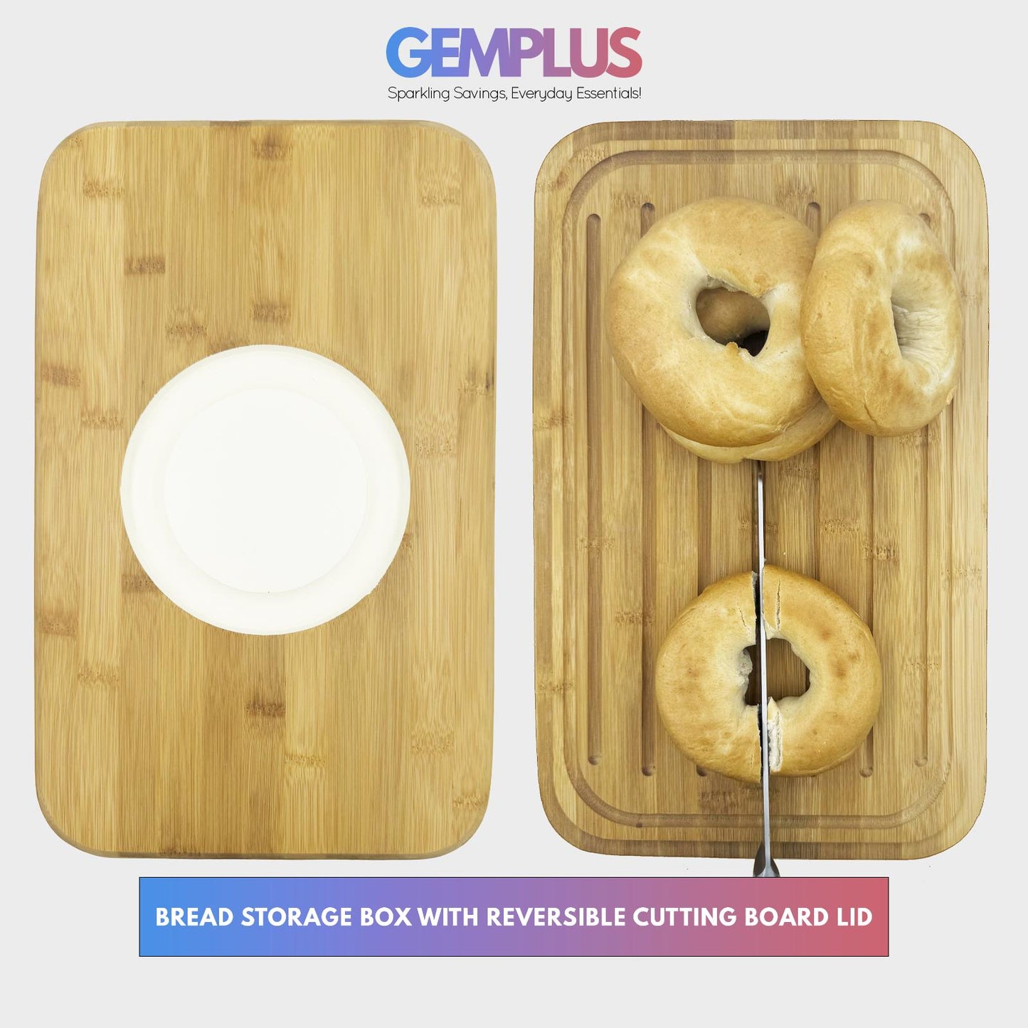 GEM+ | Bread Storage Bin Box with Eco Bamboo Cutting Board Lid Extra Large Space