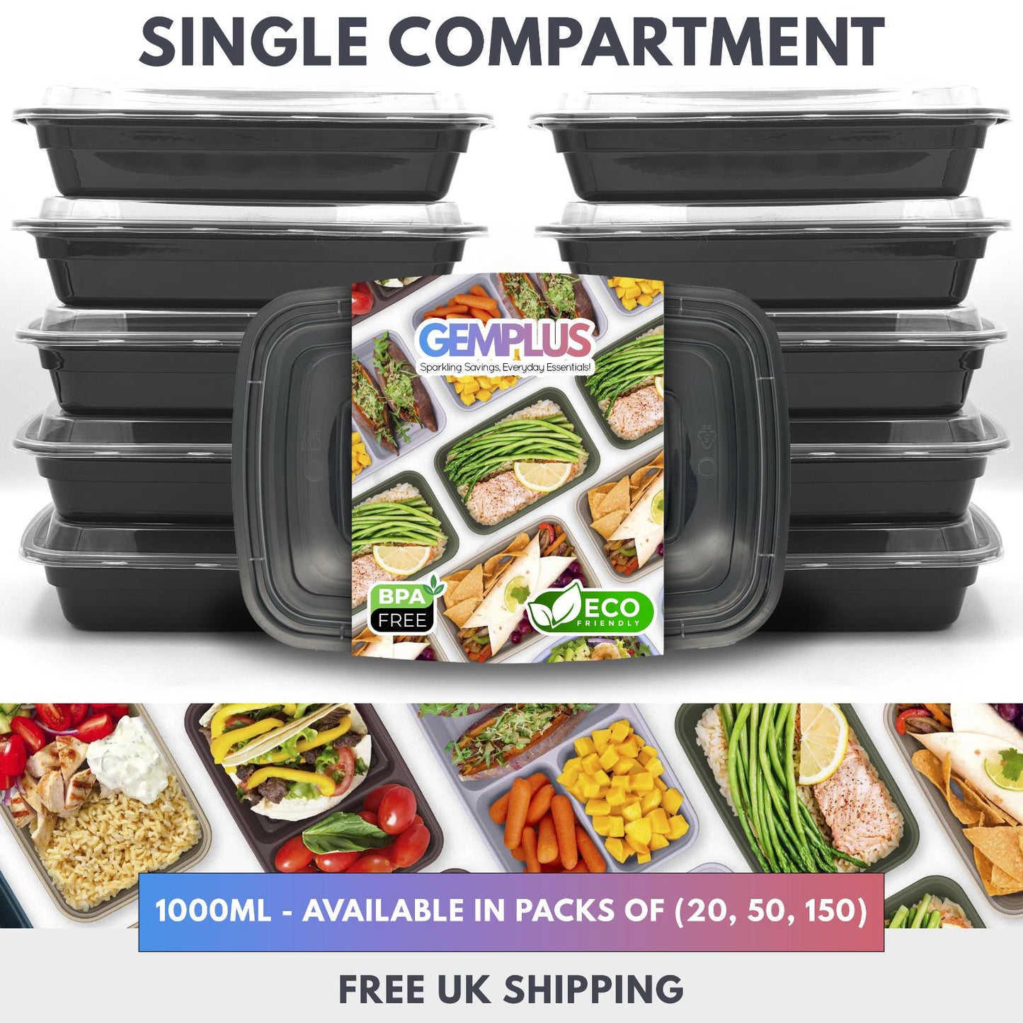 GEM+ | 20 x Meal Prep 1000 ML Containers Plastic Lunch Box Microwavable BPA Free