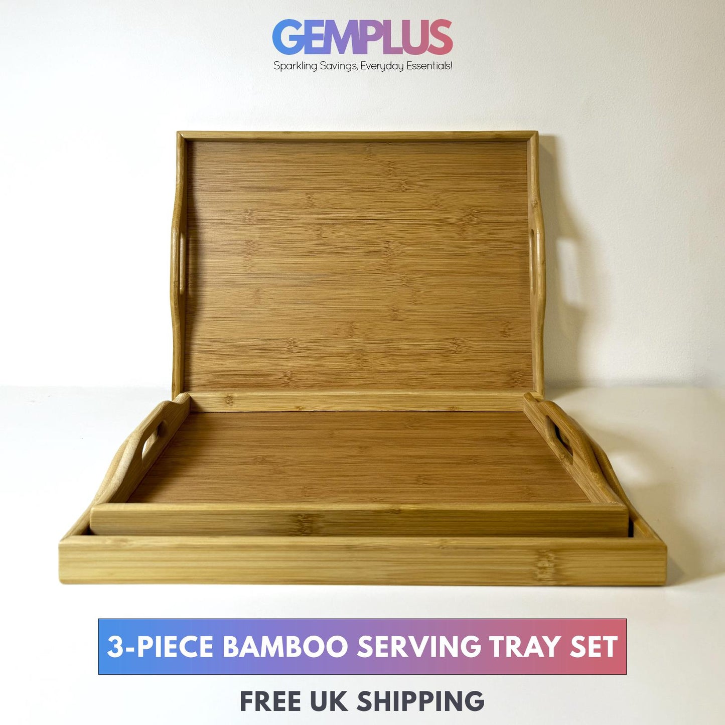 GEM+| 3pc Natural Bamboo Serving Tray Set - Multifunctional Durable, 3 Sizes