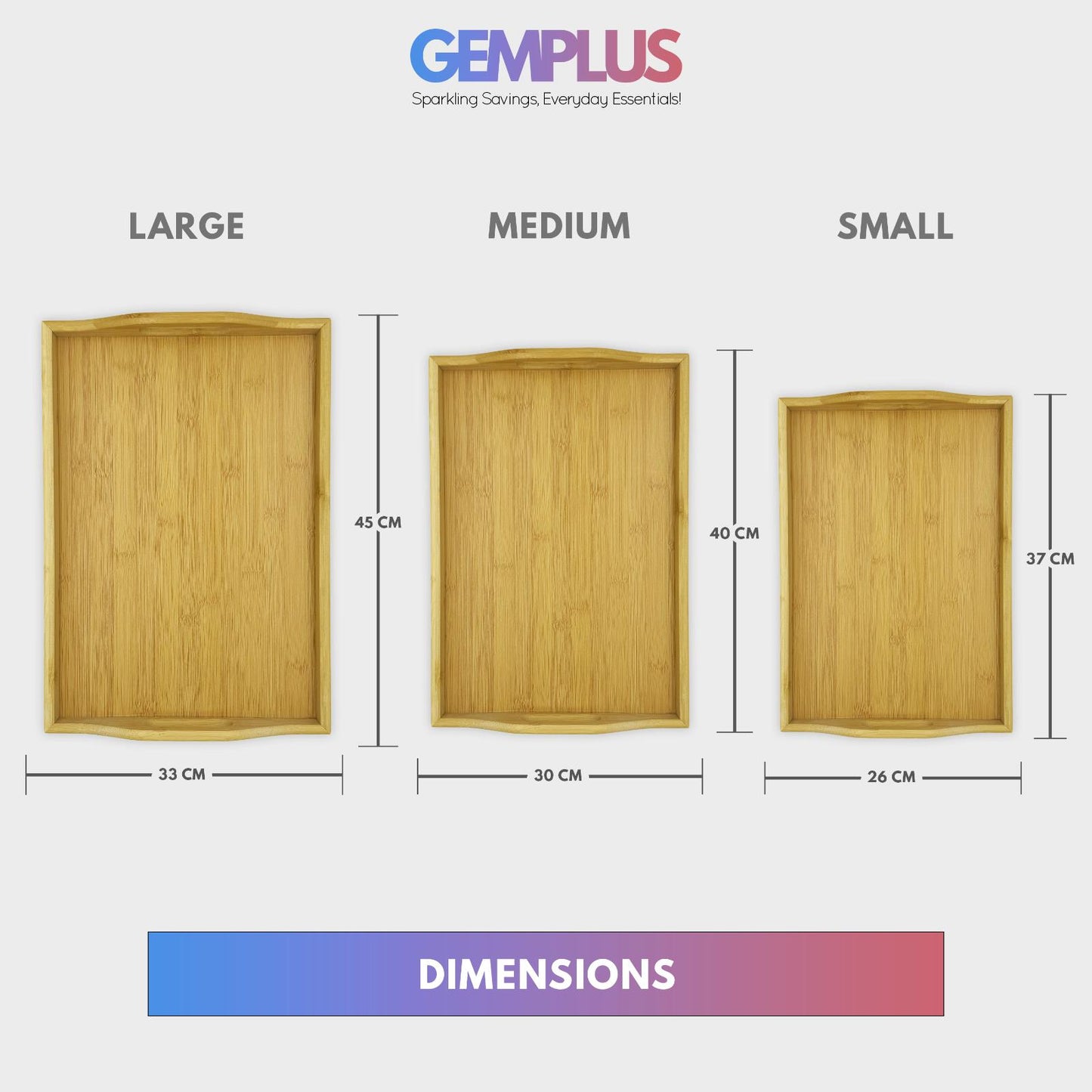 GEM+| 3pc Natural Bamboo Serving Tray Set - Multifunctional Durable, 3 Sizes