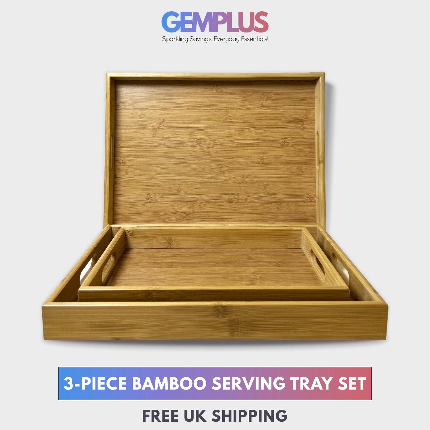 GEM+| 3pc Natural Bamboo Serving Tray Set - Multifunctional Durable 3 Sizes