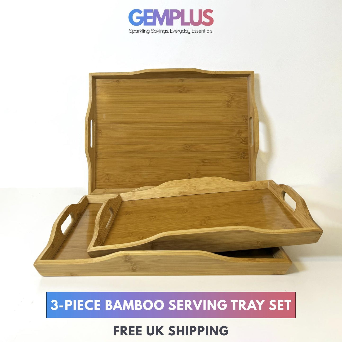 GEM+| 3pc Natural Bamboo Serving Tray Set Multifunctional Durable 3 Sizes
