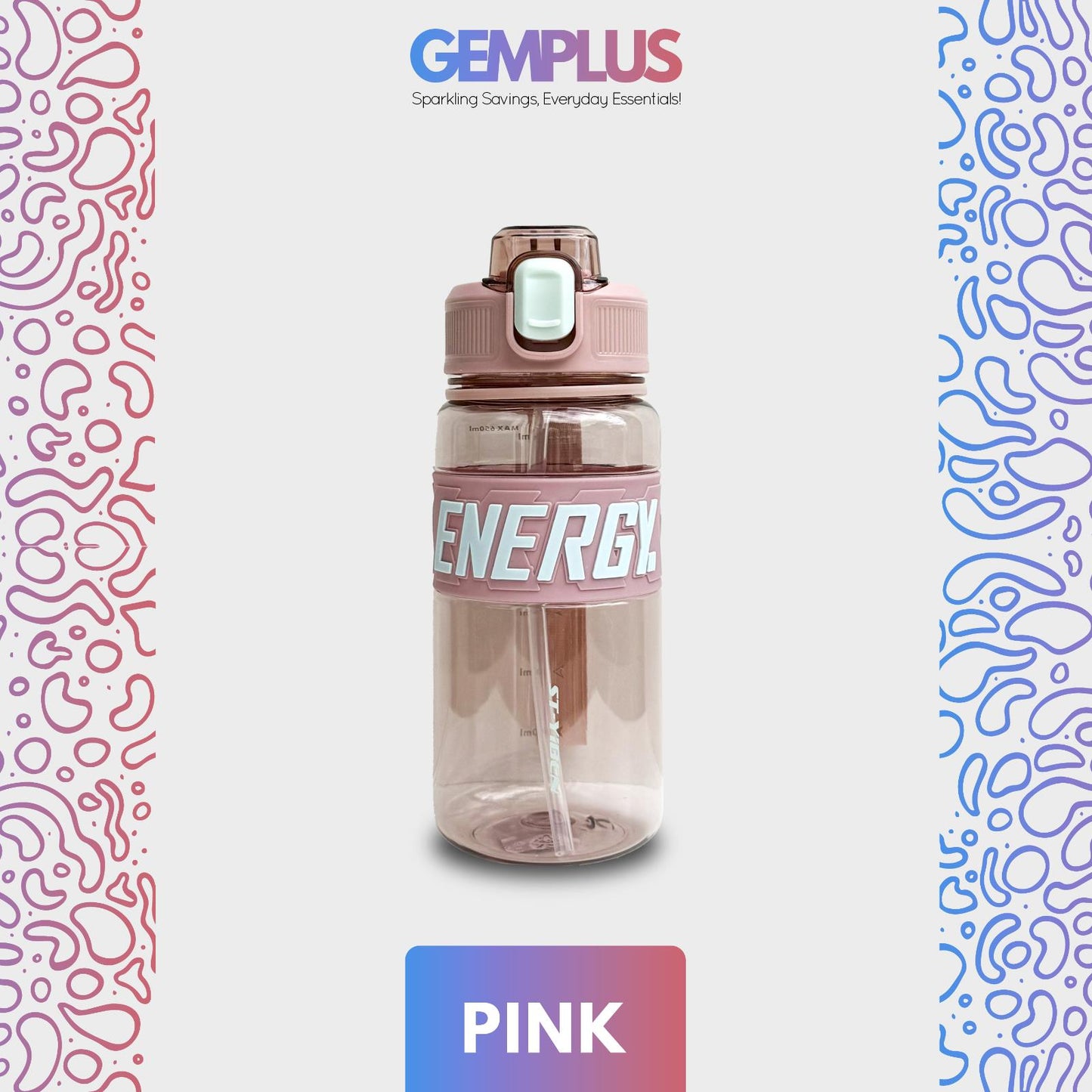 GEM+| 650ml Reusable Water Bottle with Straw BPA Leakproof Sports Gym Travel