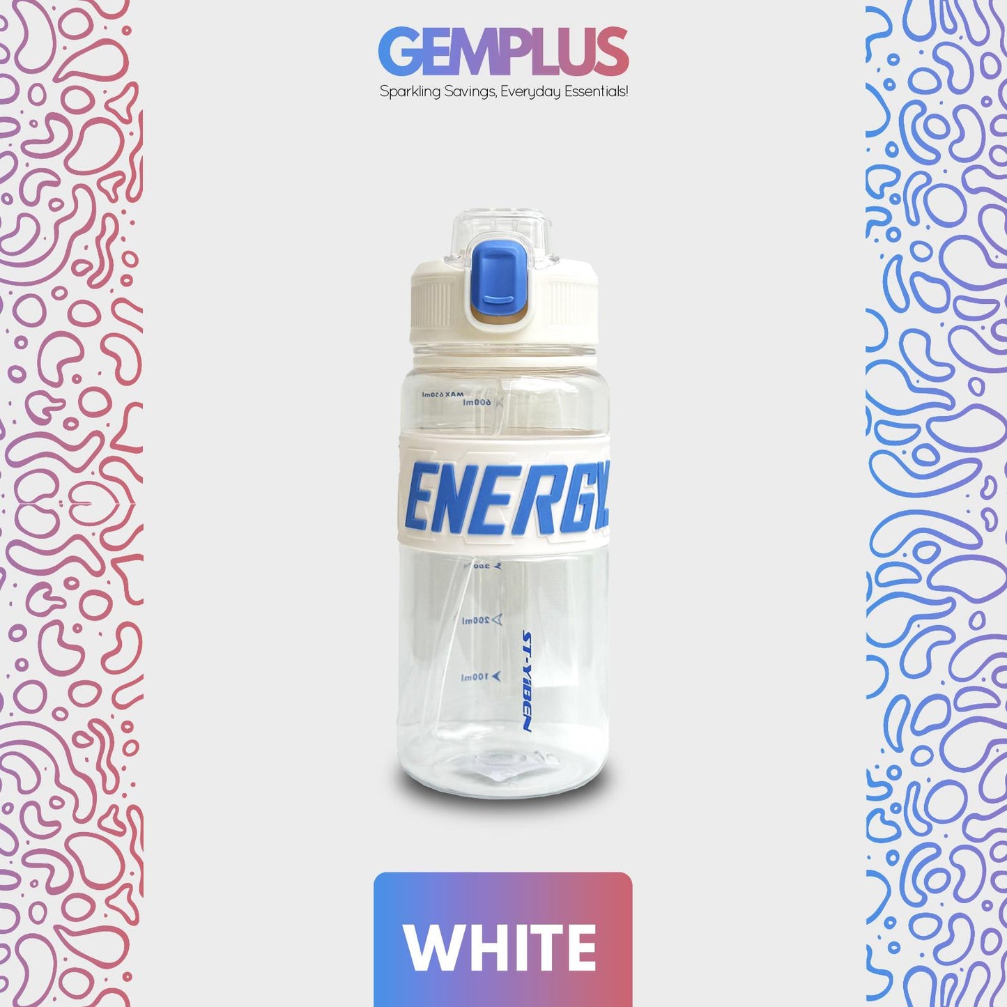 GEM+| 650ml Reusable Water Bottle with Straw BPA Leakproof Sports Gym Travel