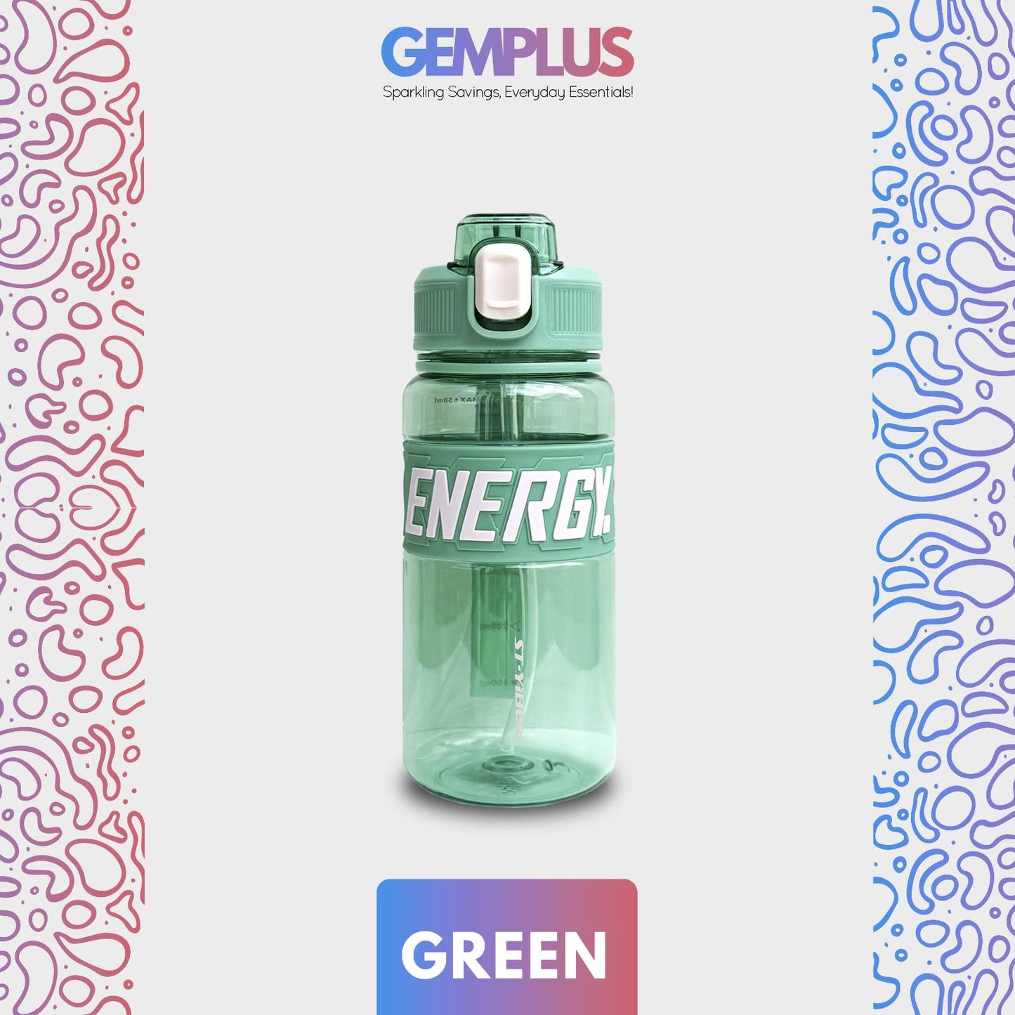GEM+| 650ml Reusable Water Bottle with Straw BPA Leakproof Sports Gym Travel