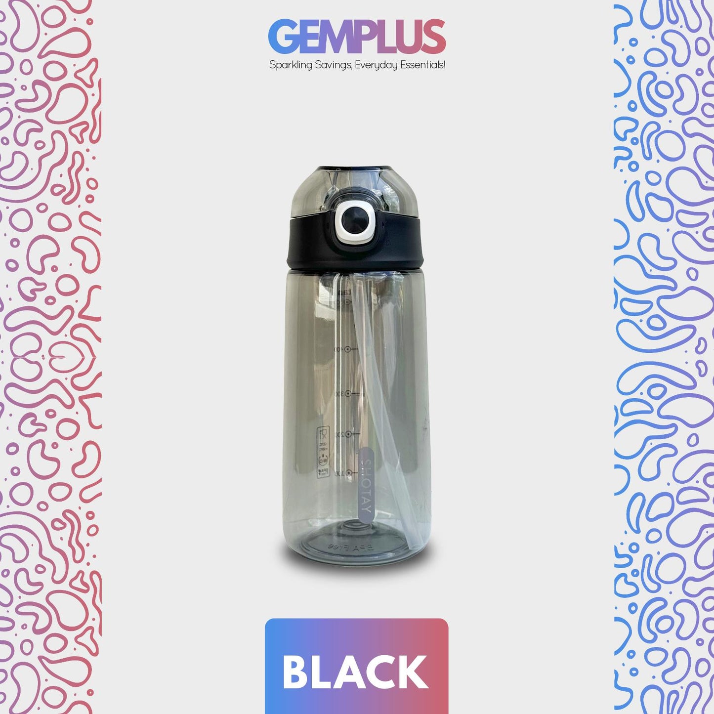 GEM+| 600ml Reusable Water Bottle with Straw BPA Leakproof Sports Gym Travel