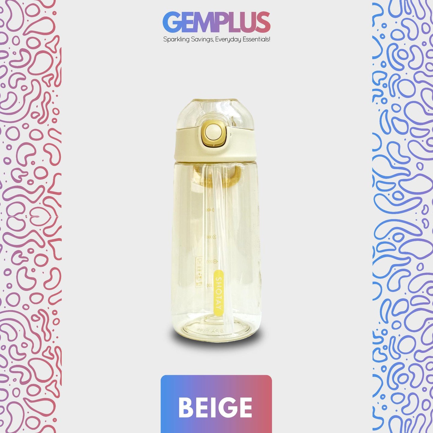 GEM+| 600ml Reusable Water Bottle with Straw BPA Leakproof Sports Gym Travel