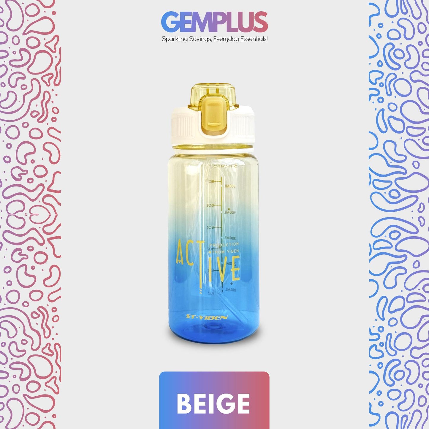 GEM+| 650 ml Reusable Water Bottle with Straw BPA Leakproof Sports Gym Travel