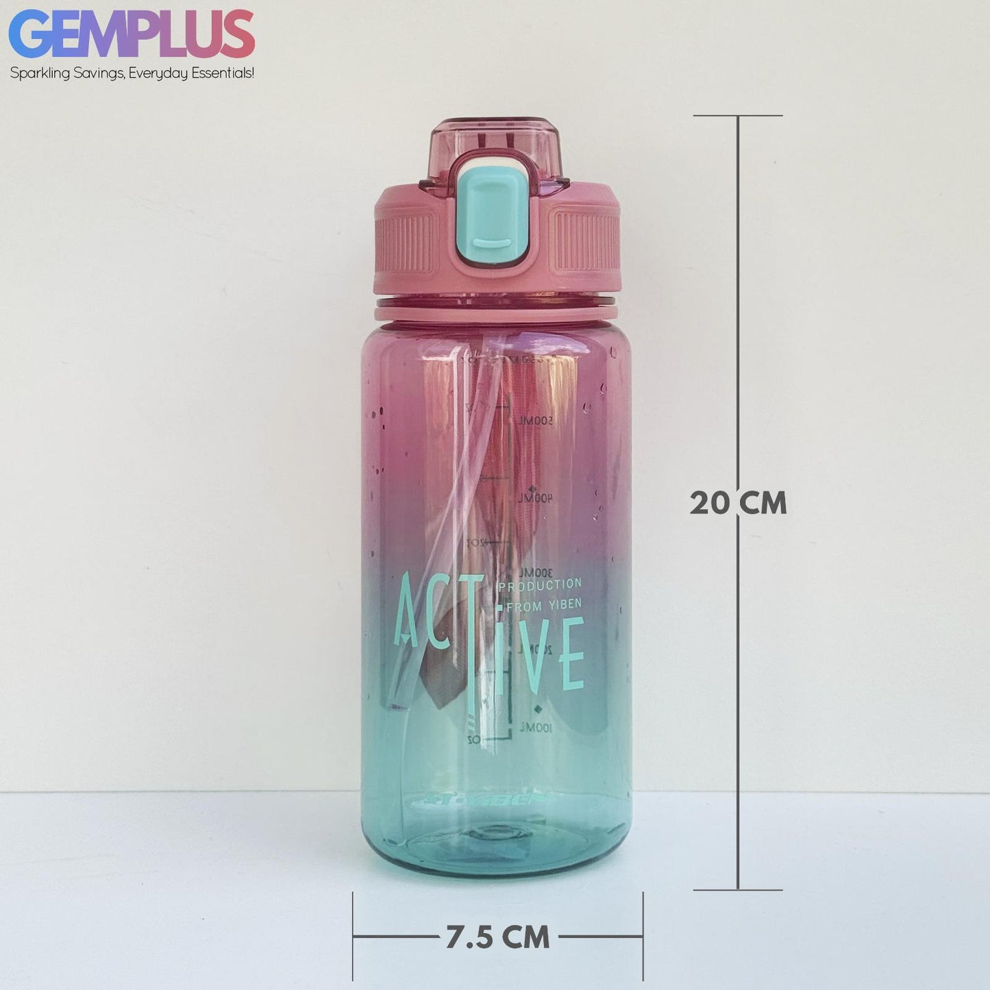GEM+| 650 ml Reusable Water Bottle with Straw BPA Leakproof Sports Gym Travel