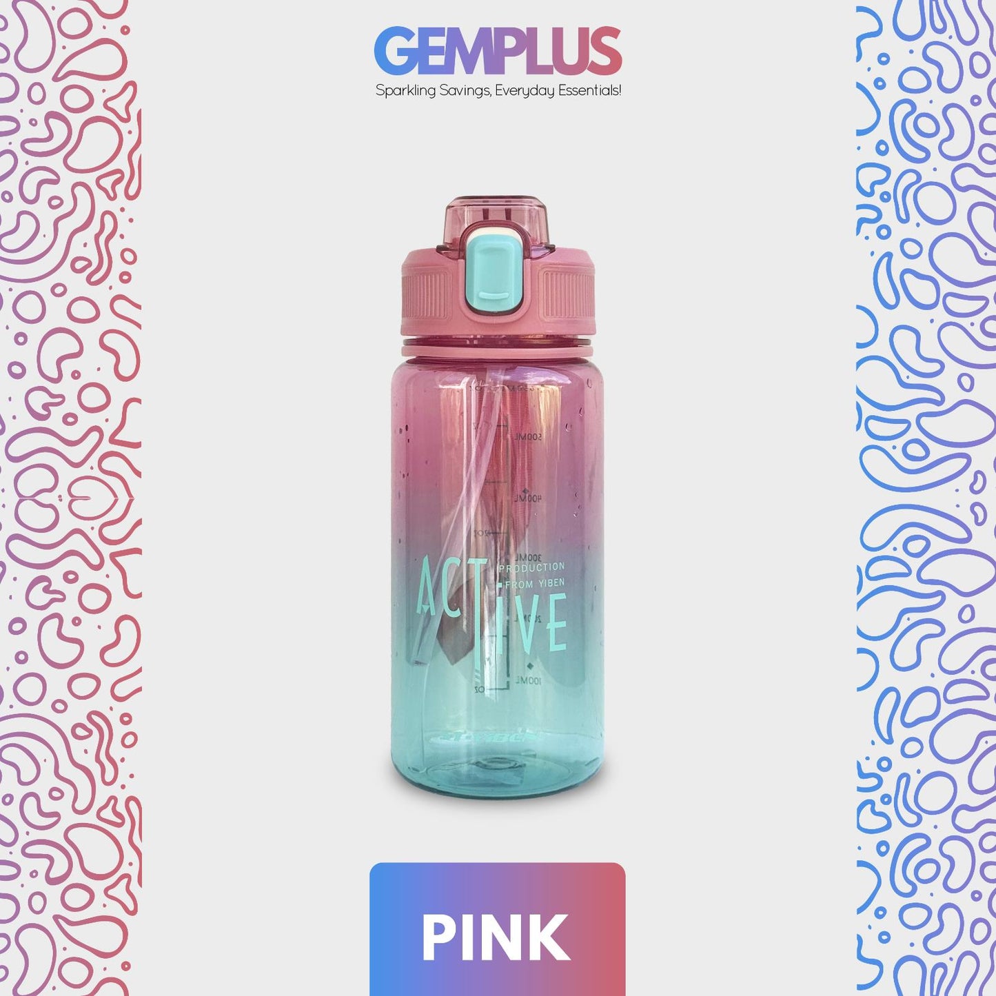 GEM+| 650 ml Reusable Water Bottle with Straw BPA Leakproof Sports Gym Travel