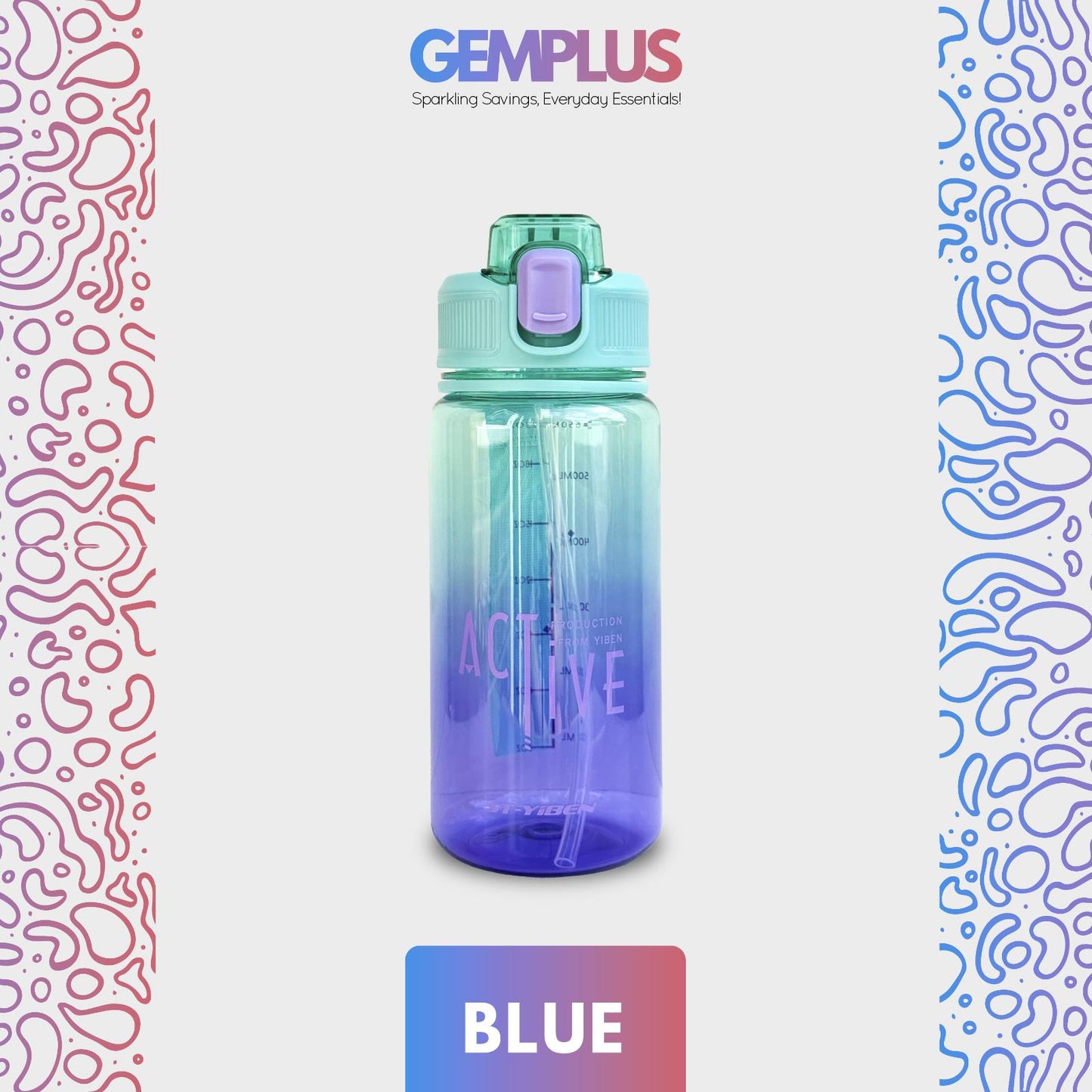 GEM+| 650 ml Reusable Water Bottle with Straw BPA Leakproof Sports Gym Travel