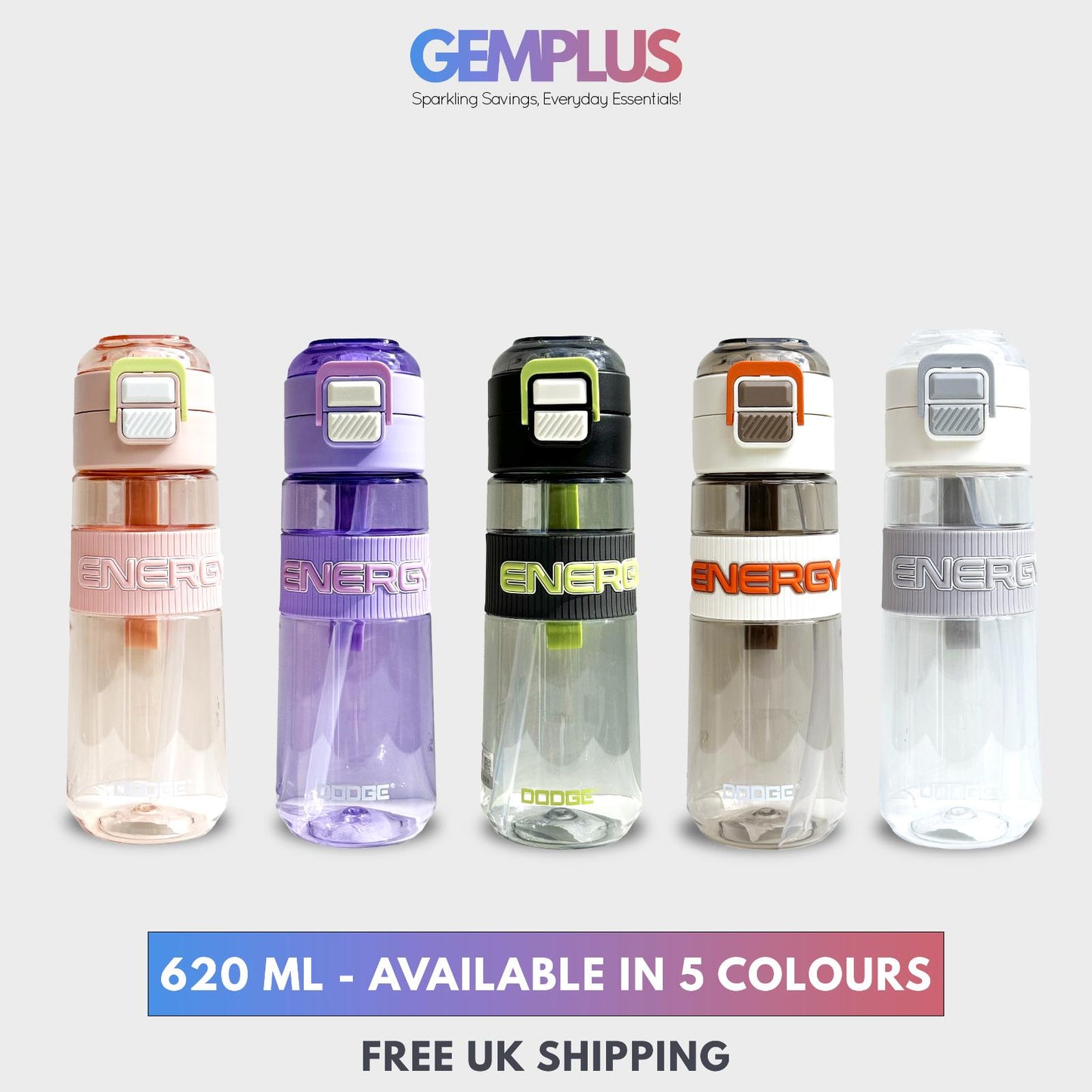 GEM+| 620 ML Reusable Water Bottle with Straw BPA Leakproof Sports Gym Travel