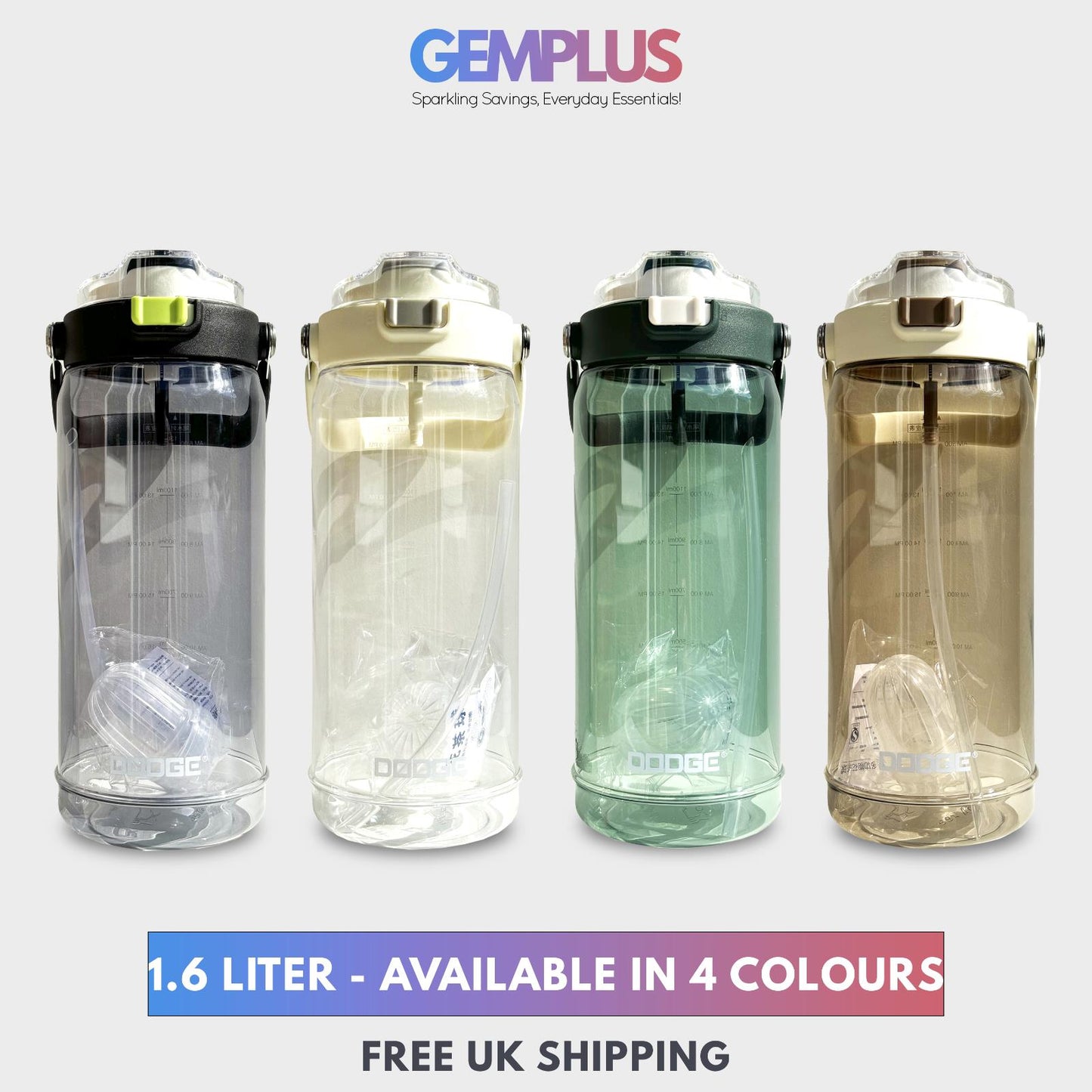 GEM+| 1.6 Liter Reusable Water Bottle with Straw BPA Leakproof Sports Gym Travel
