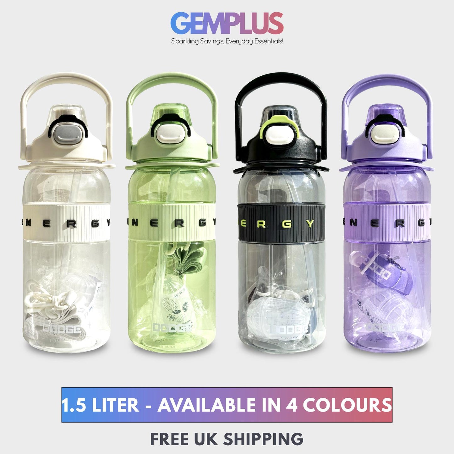 GEM+| 1.5 Liter Reusable Water Bottle with Straw BPA Leakproof Sports Gym Travel