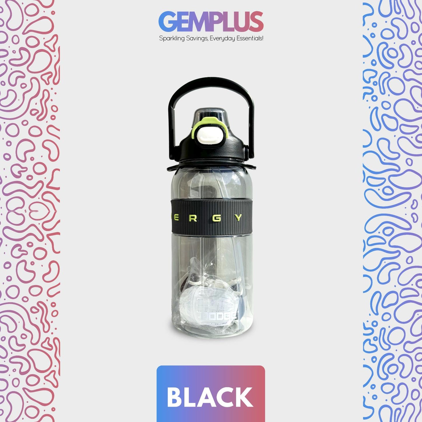 GEM+| 1.5 Liter Reusable Water Bottle with Straw BPA Leakproof Sports Gym Travel