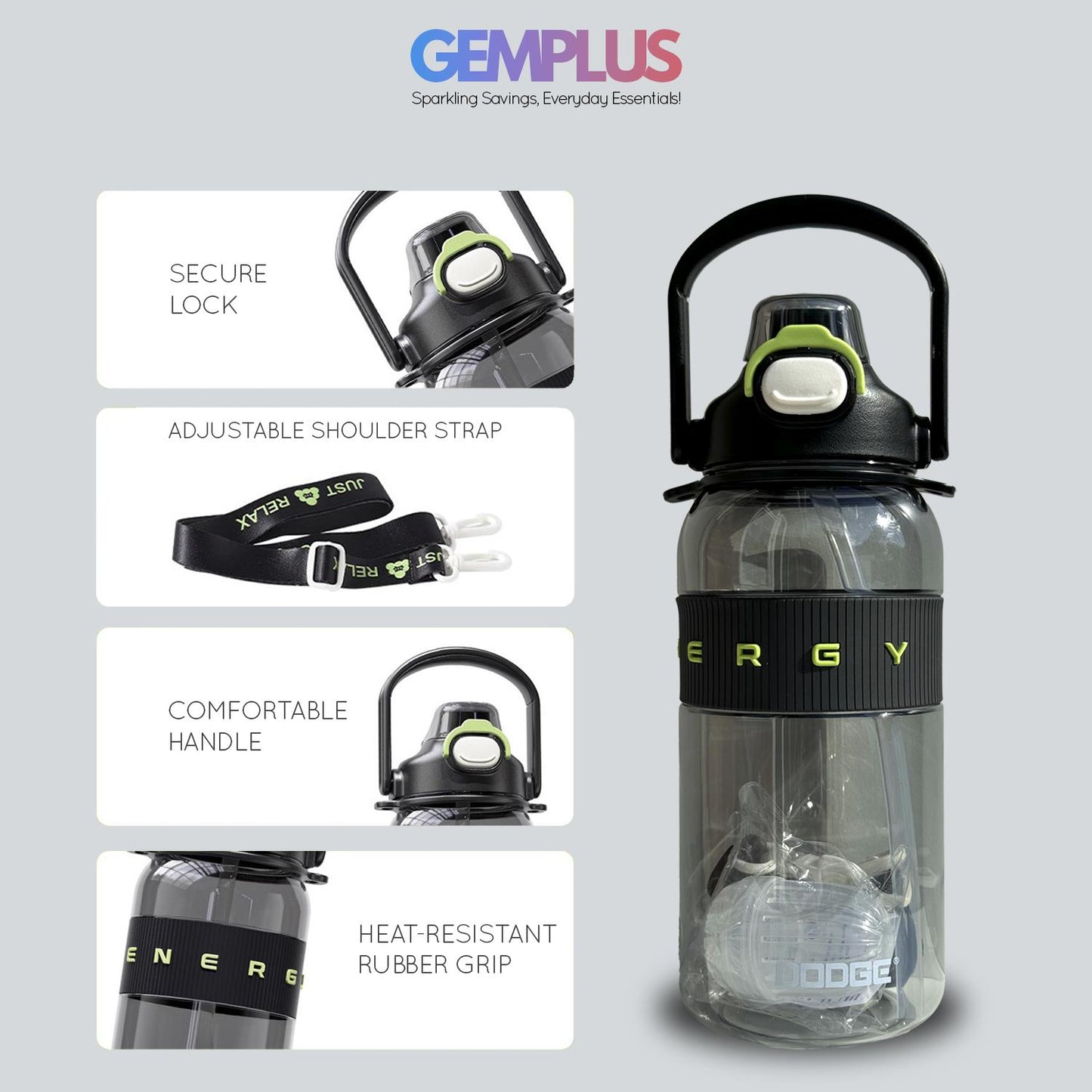 GEM+| 1.5 Liter Reusable Water Bottle with Straw BPA Leakproof Sports Gym Travel