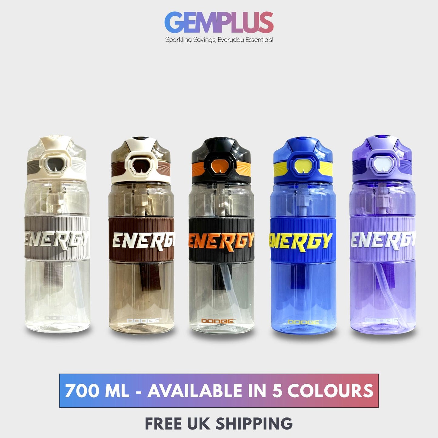 GEM+| 700ML Reusable Water Bottle with Straw BPA Leakproof Sports Gym Travel