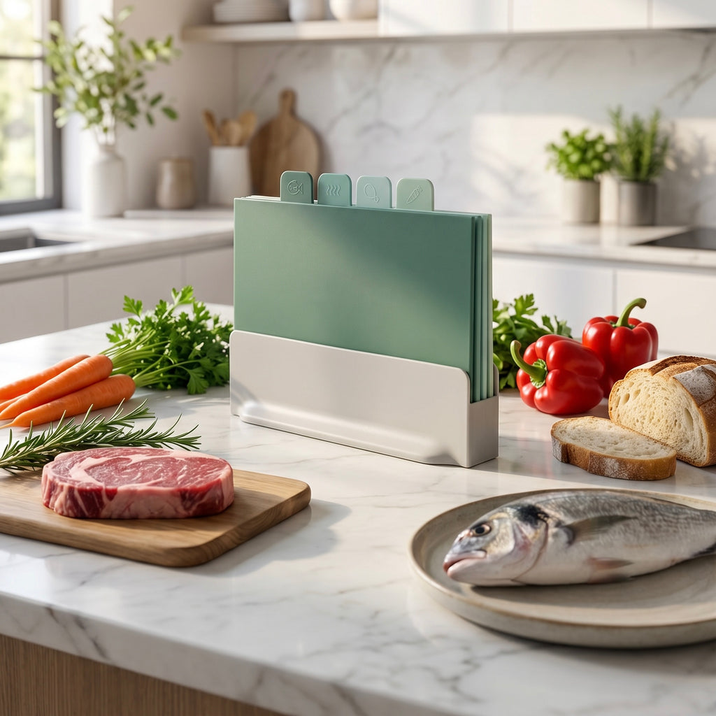 4 Green Chopping Boards with Storage Stand