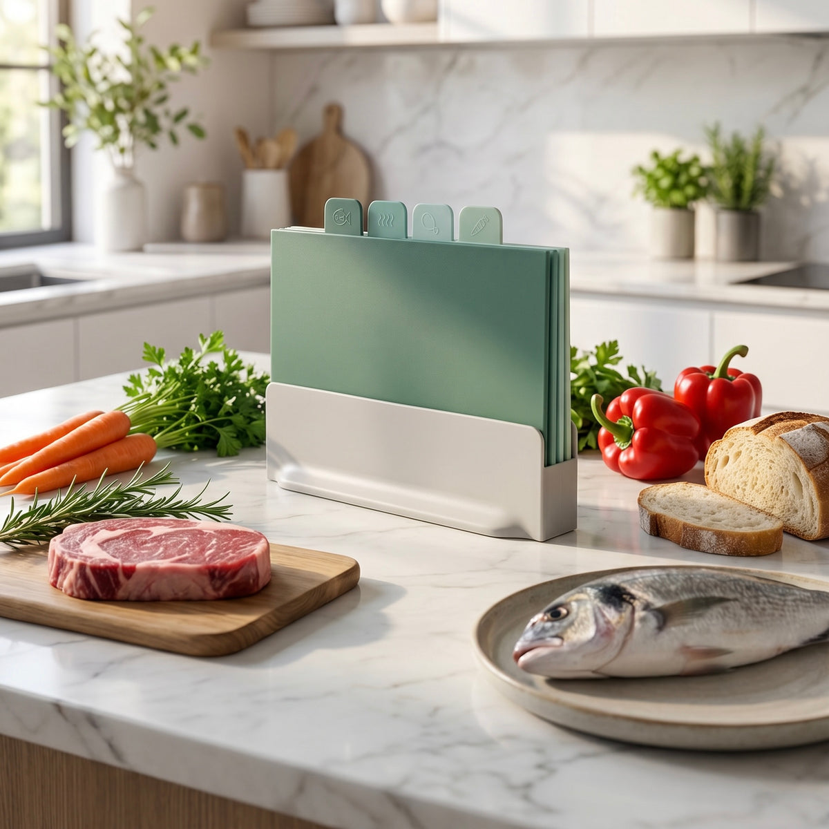 4 Green Chopping Boards with Storage Stand