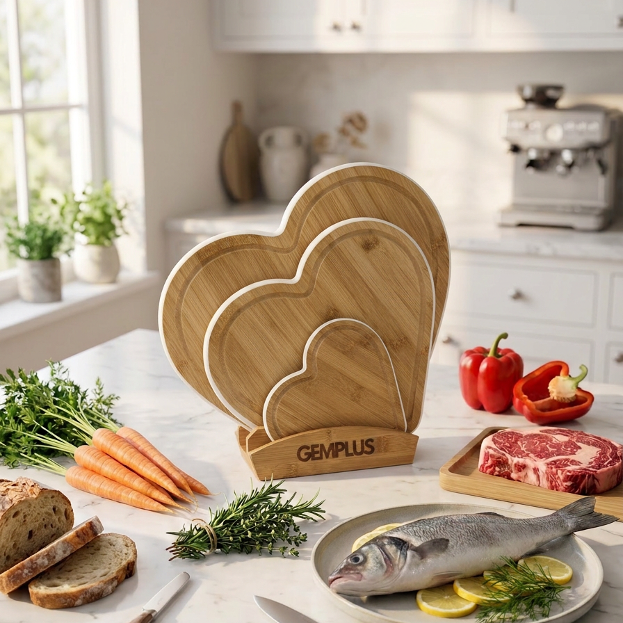 3 Heart Bamboo Chopping Boards with Stand, White