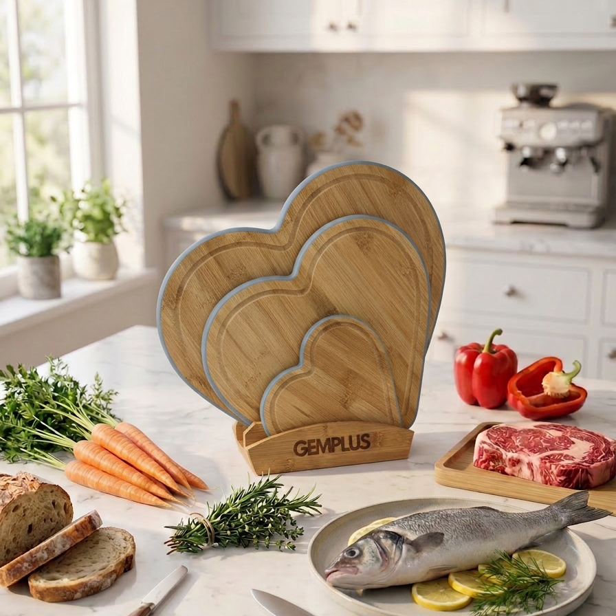 3 Heart Bamboo Chopping Boards with Stand, Blue
