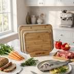 3 Bamboo Chopping Boards with Stand, Blue Trim
