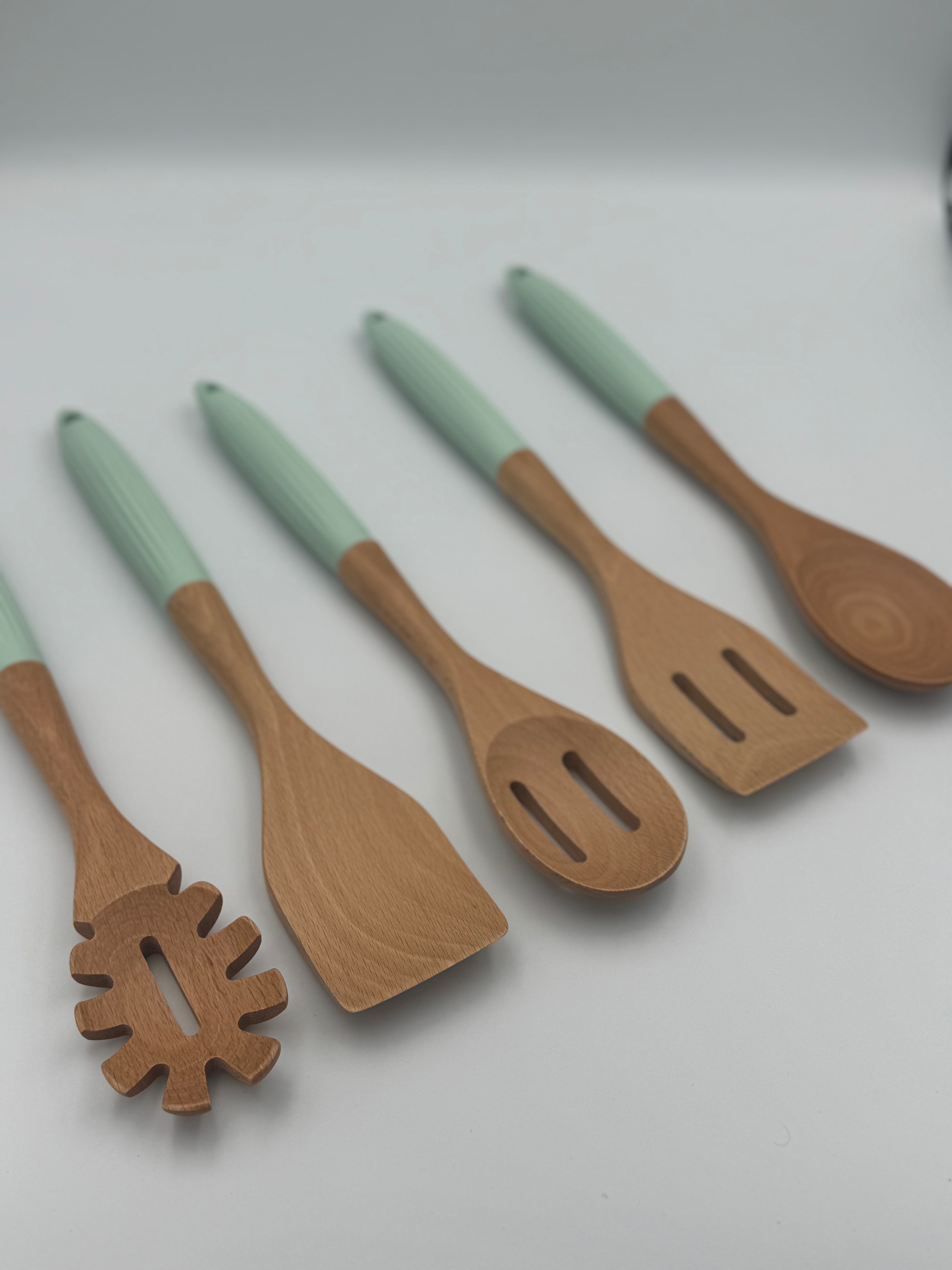 GEM+ | 5-Piece Premium Wooden & Silicone Utensil Set – Heat Resistant - Mint