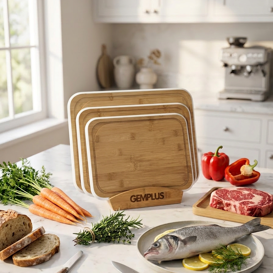3 Bamboo Chopping Boards with Stand, White Trim