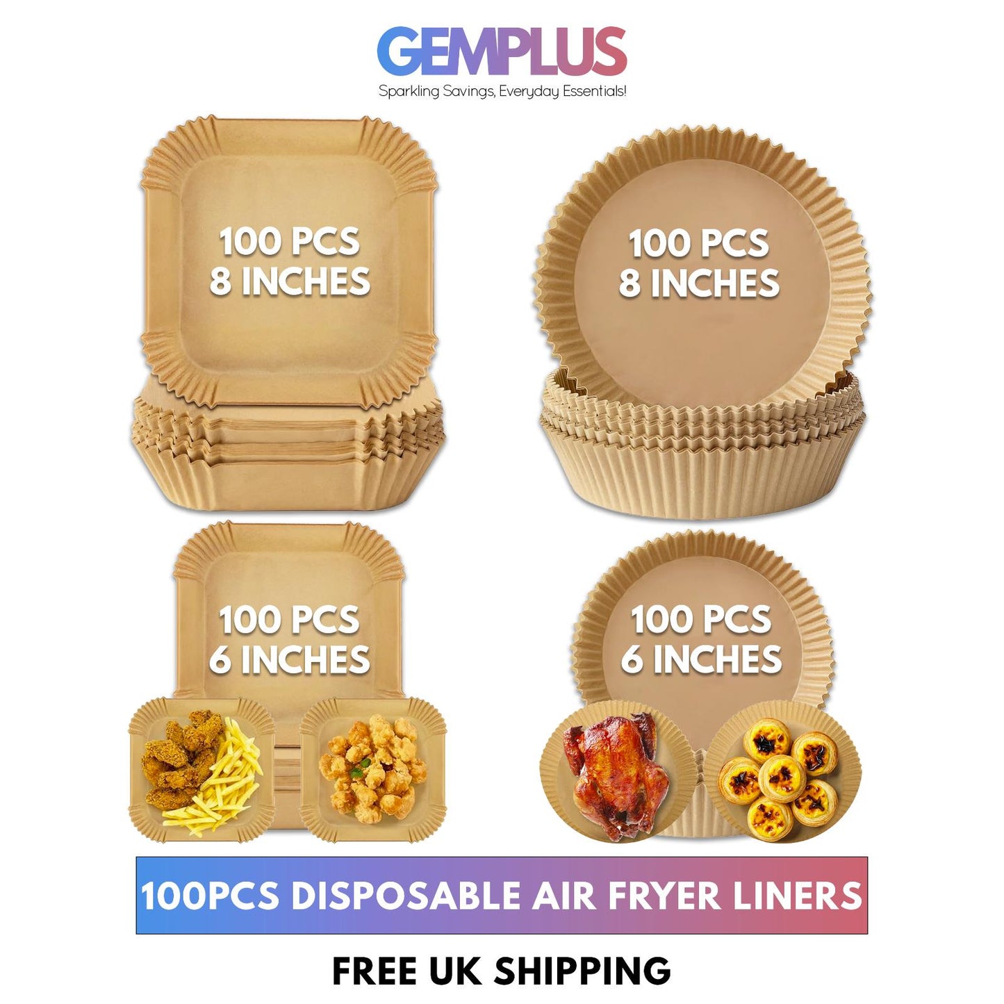 GEM+ | 100pcs Disposable Air Fryer Liners – Round & Square - 6" and 8" Sizes