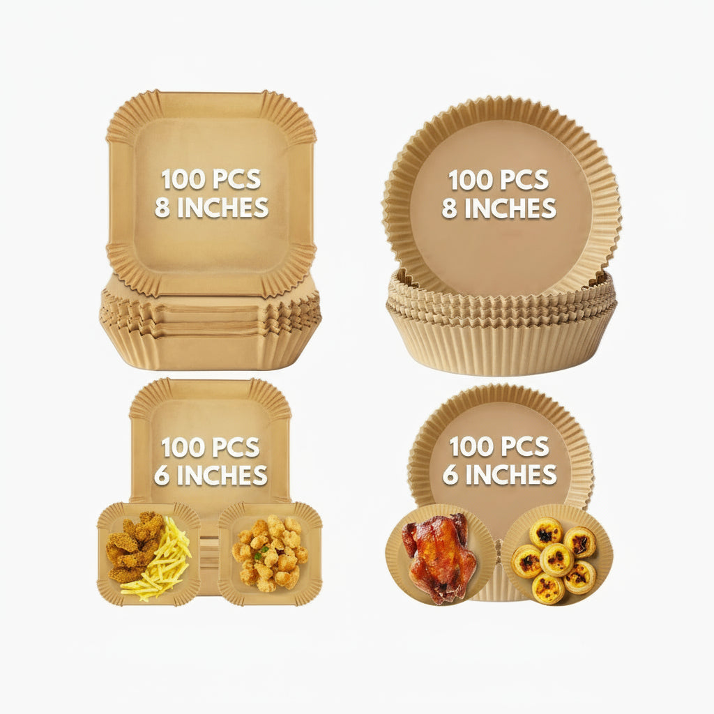 GEM+ | 100pcs Disposable Air Fryer Liners – Round & Square - 6" and 8" Sizes